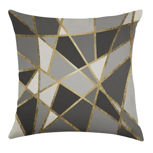 Black & Gray Modern Geo Gold Triangles Linen Throw Pillow Cover