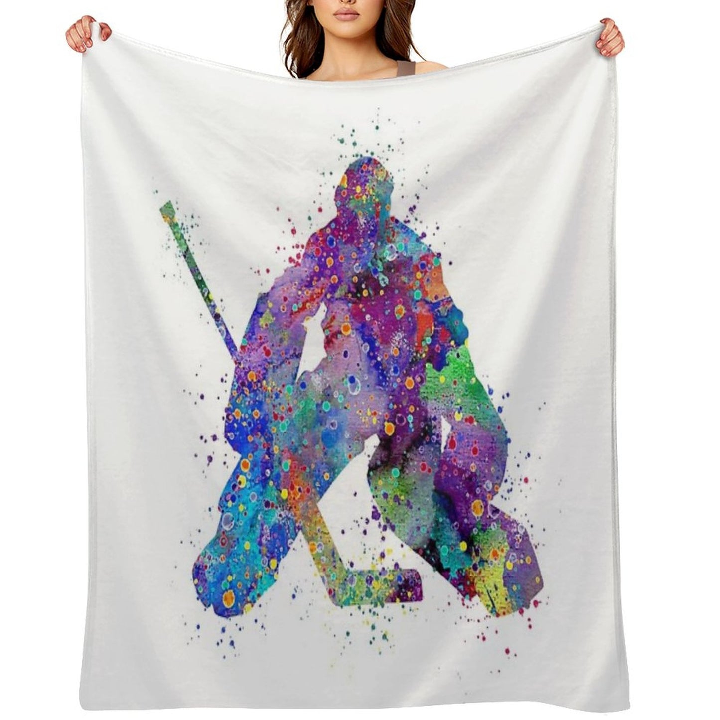 Ice Hockey Boy Goalie Colorful Watercolor Throw Blanket