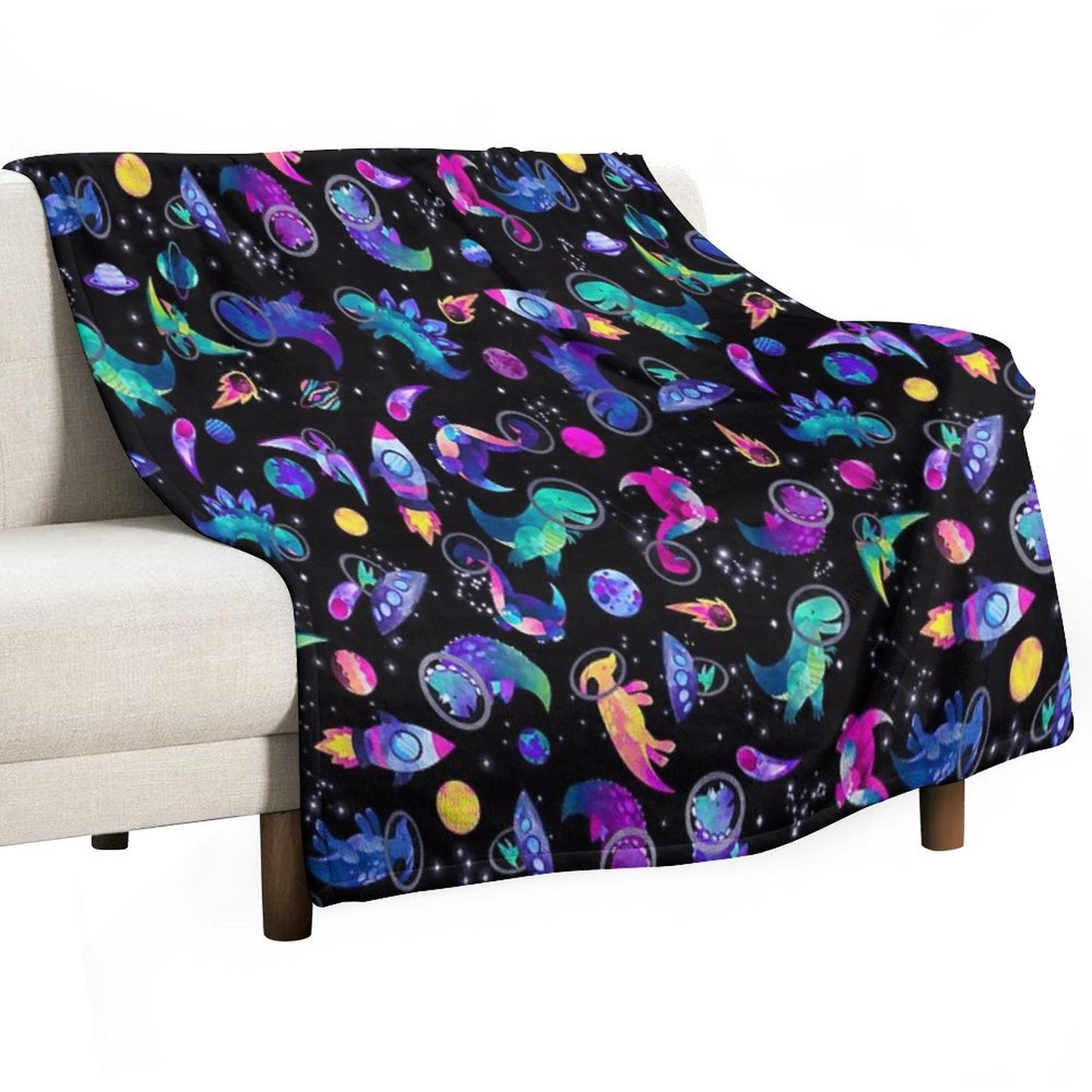 Space Dinosaur Astronauts Watercolor Pink Purple Pattern Throw Blanket