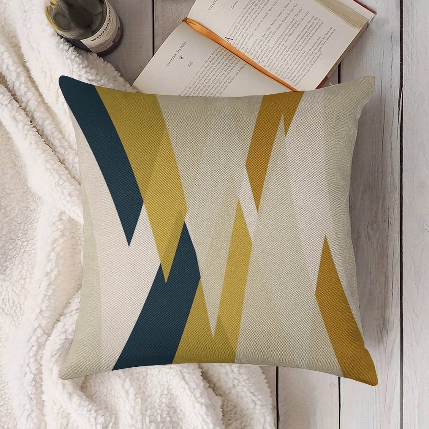 Triangular Abstract in Mustard Yellows, Navy Blue, And Blush Tones. Minimalist Geometric Linen Throw Pillow Cover