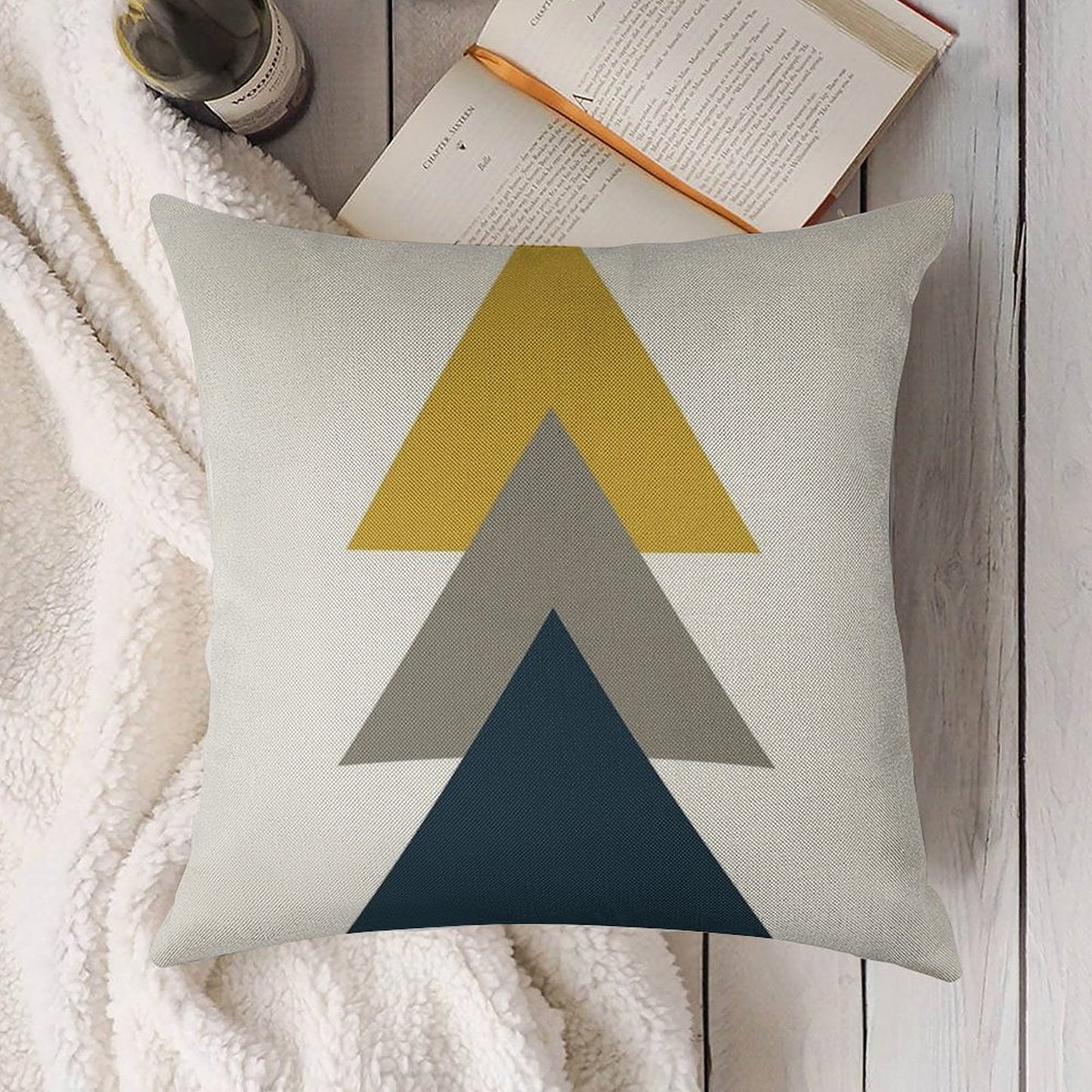 Triangle Trio. Minimalist Geometric in Light Mustard Yellow, White, Grey, And Navy Blue Linen Throw Pillow Cover