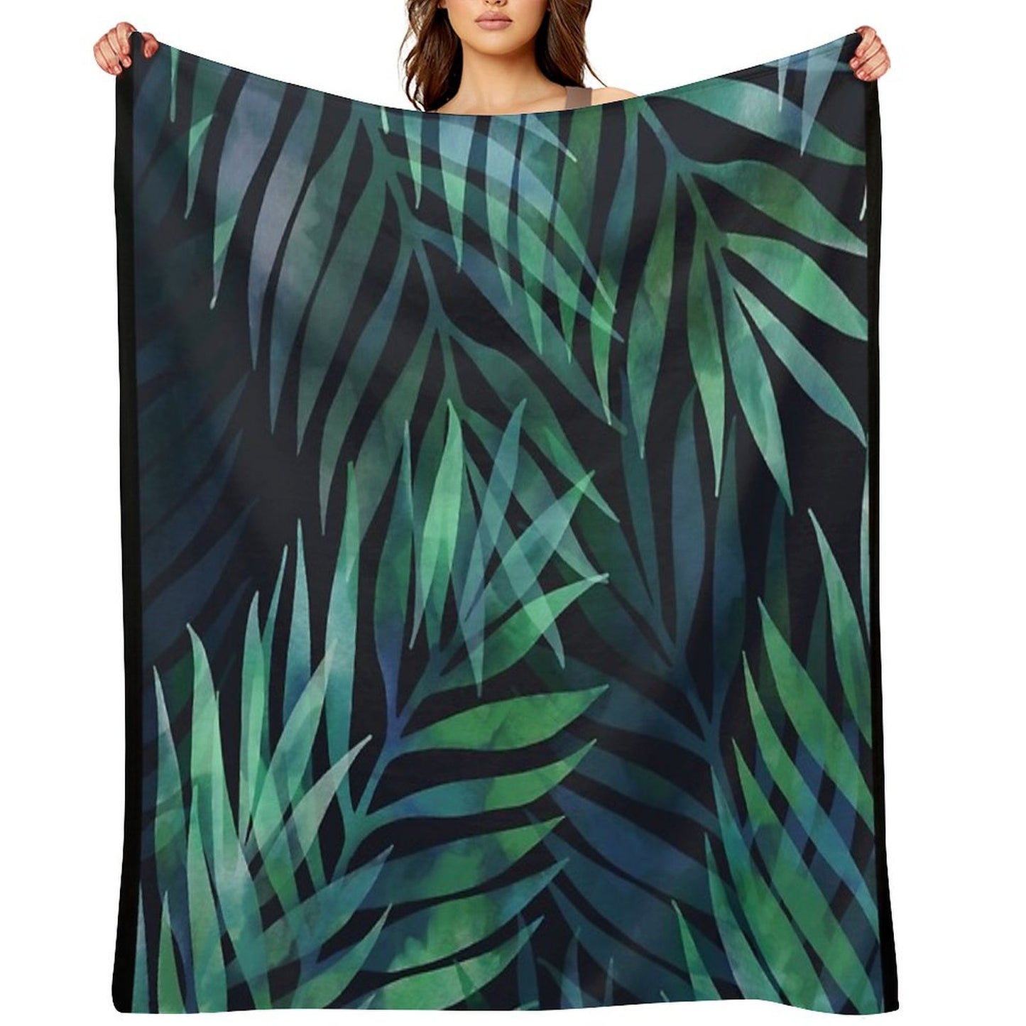 Dark Green Palms Leaves Pattern Throw Blanket