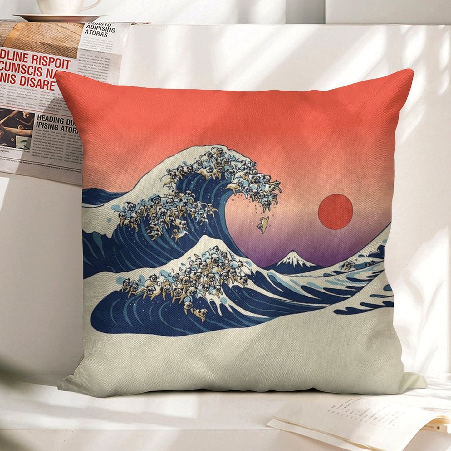 The Great Wave of Pug Linen Throw Pillow Cover