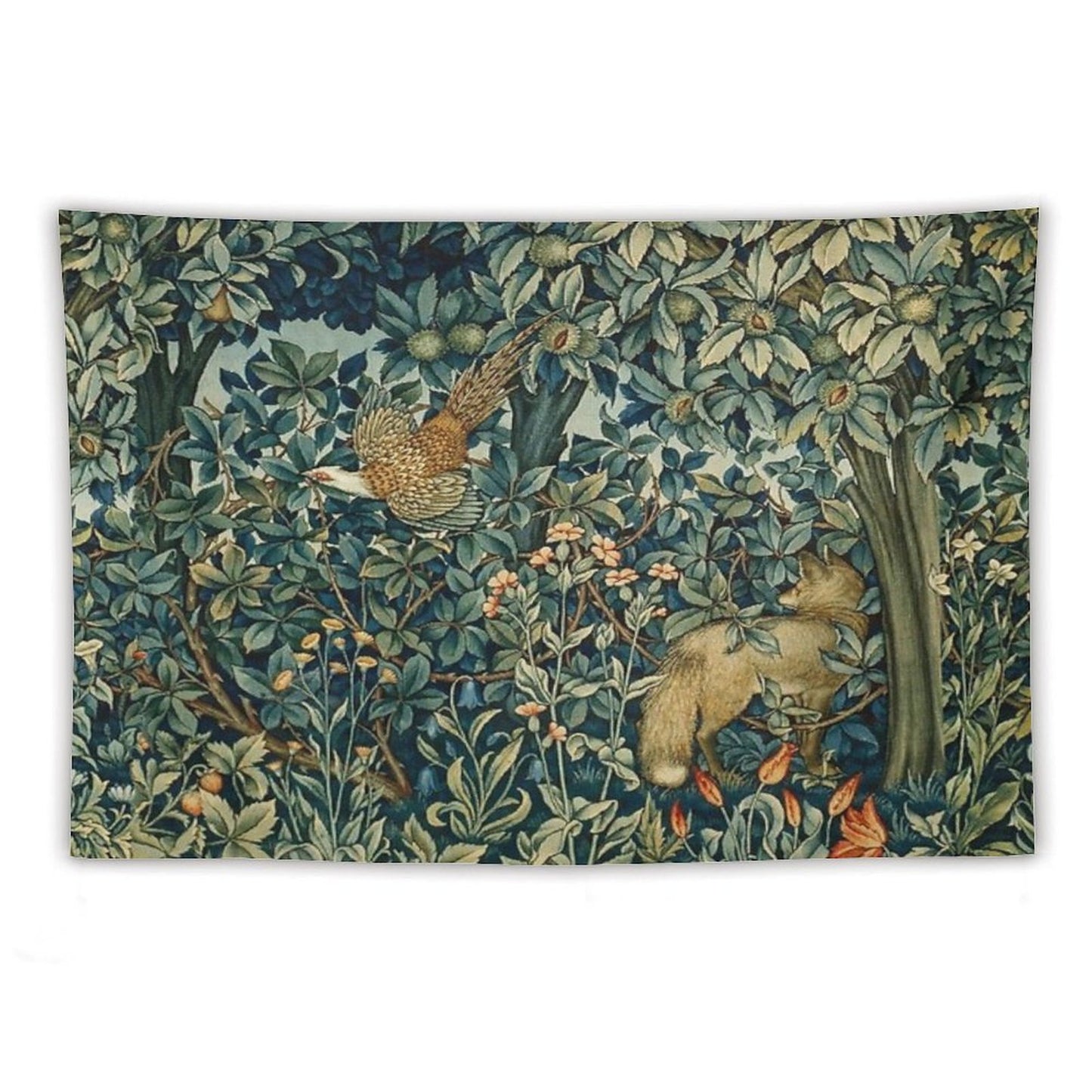 GREENERY, FOREST ANIMALS Pheasant And Fox Blue Green Floral Tapestry Tapestry