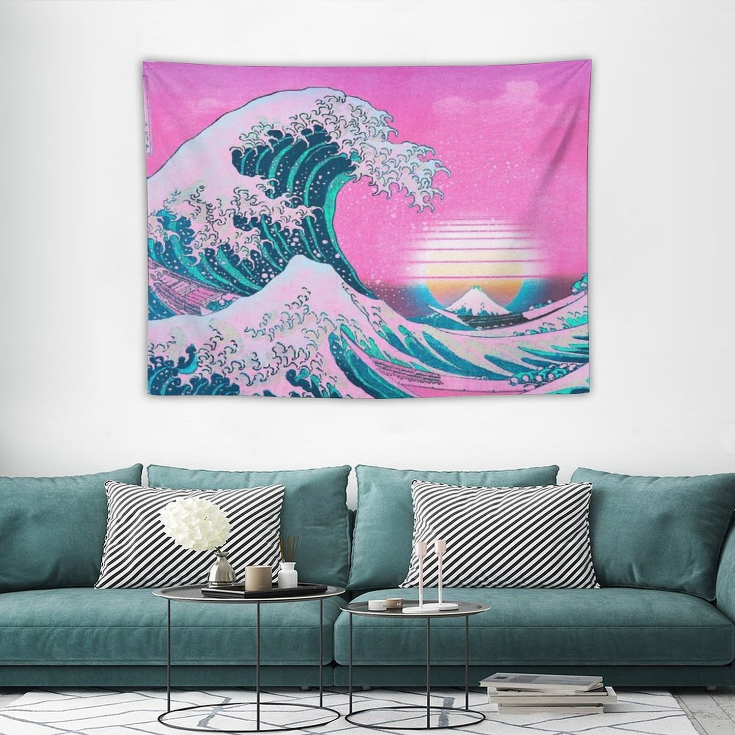Vaporwave Aesthetic Great Wave Off Kanagawa Retro Sunset Tapestry