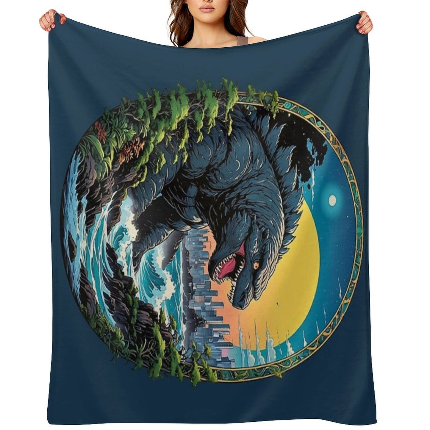 Godzilla Water Monster Gojira Retro Anime Japanese Art Throw Blanket
