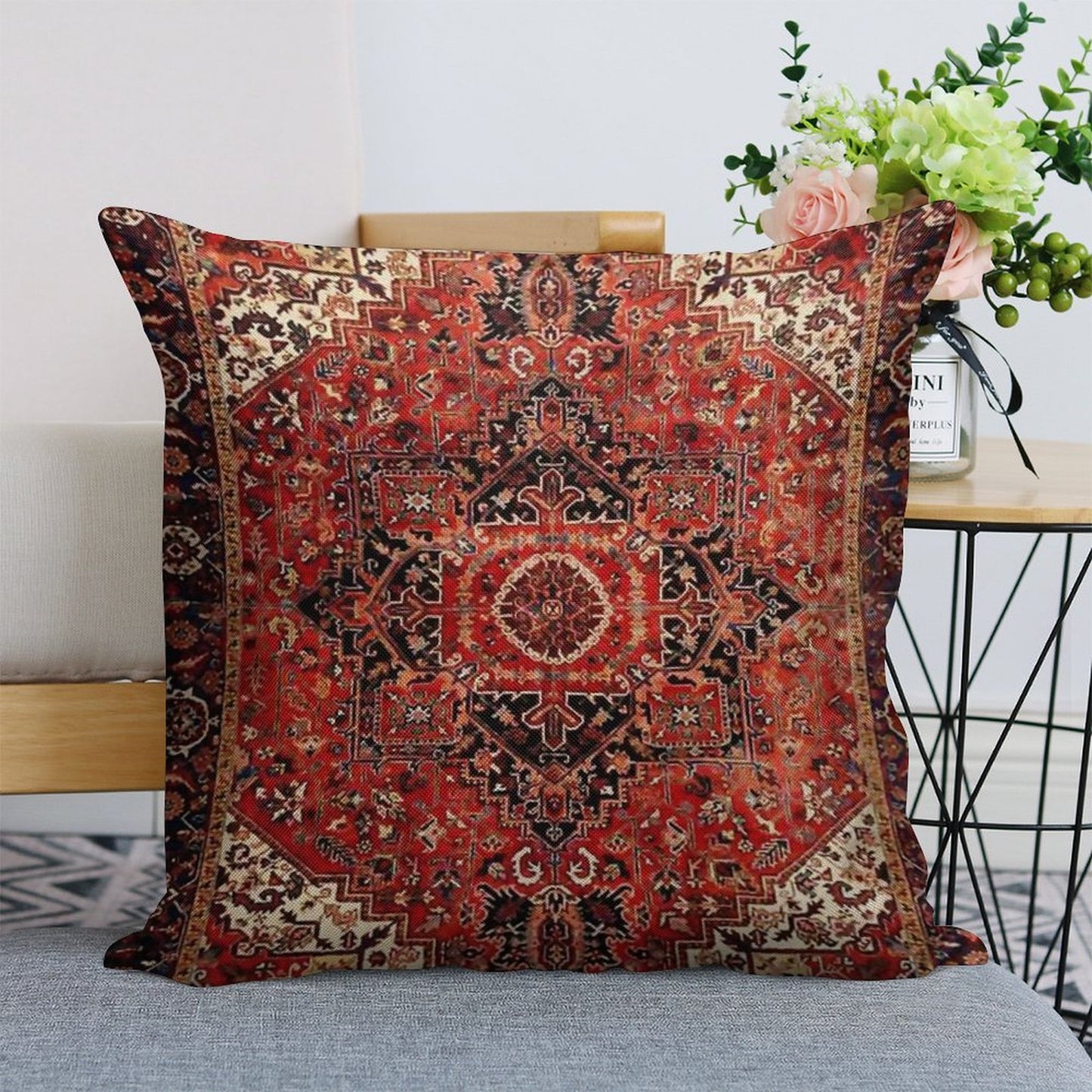 Heriz Antique Vintage Boho Persian Carpet Print Linen Throw Pillow Cover