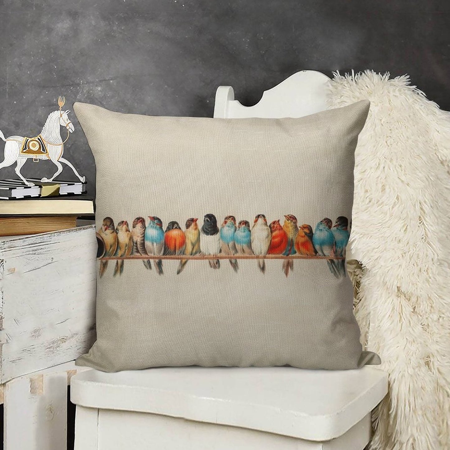 Vintage Birds Linen Throw Pillow Cover