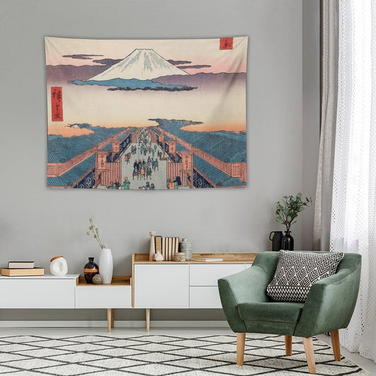 Mount Fuji Above Ancient Street Ukiyo-e Japanese Art Tapestry