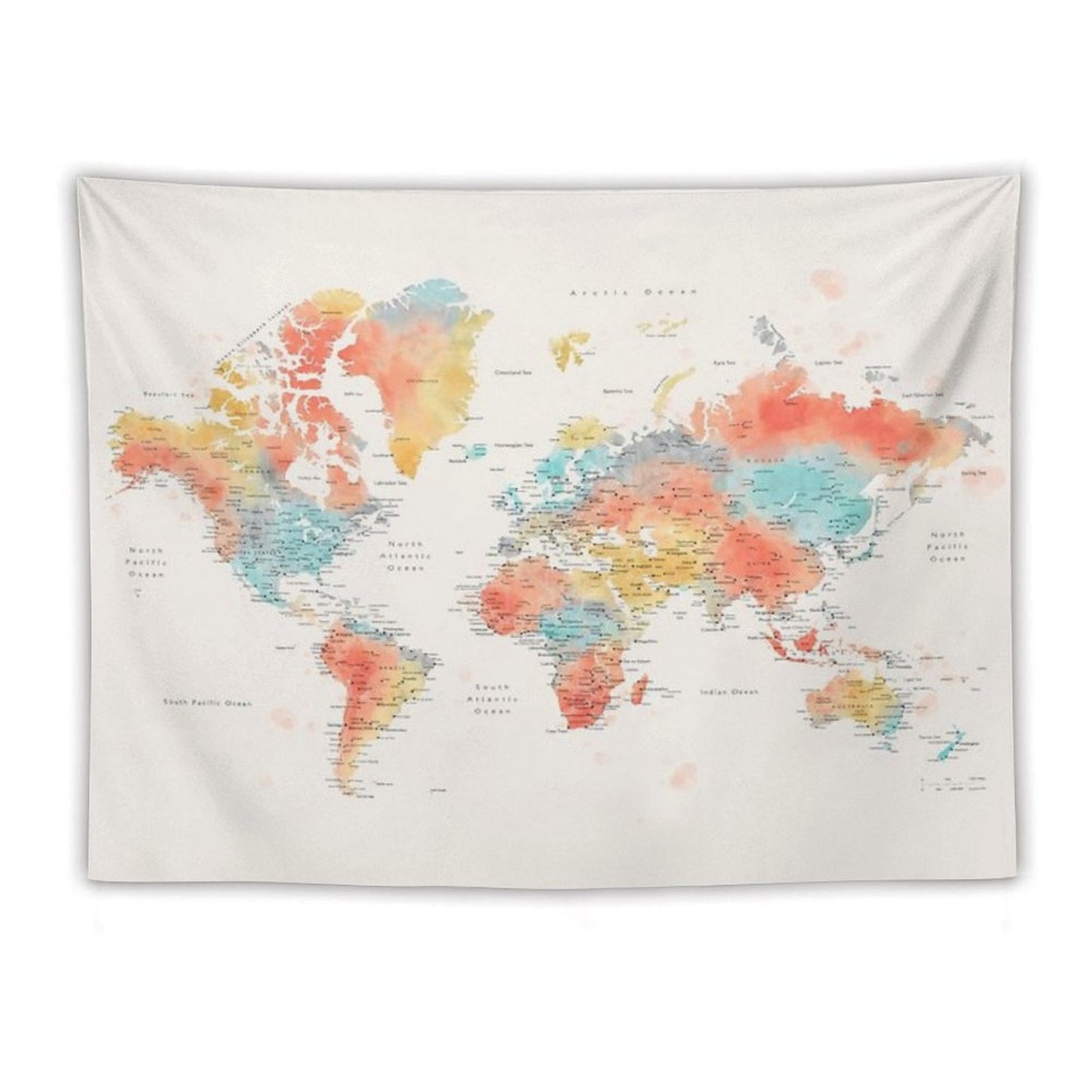 Colorful Watercolor Detailed World Map Tapestry