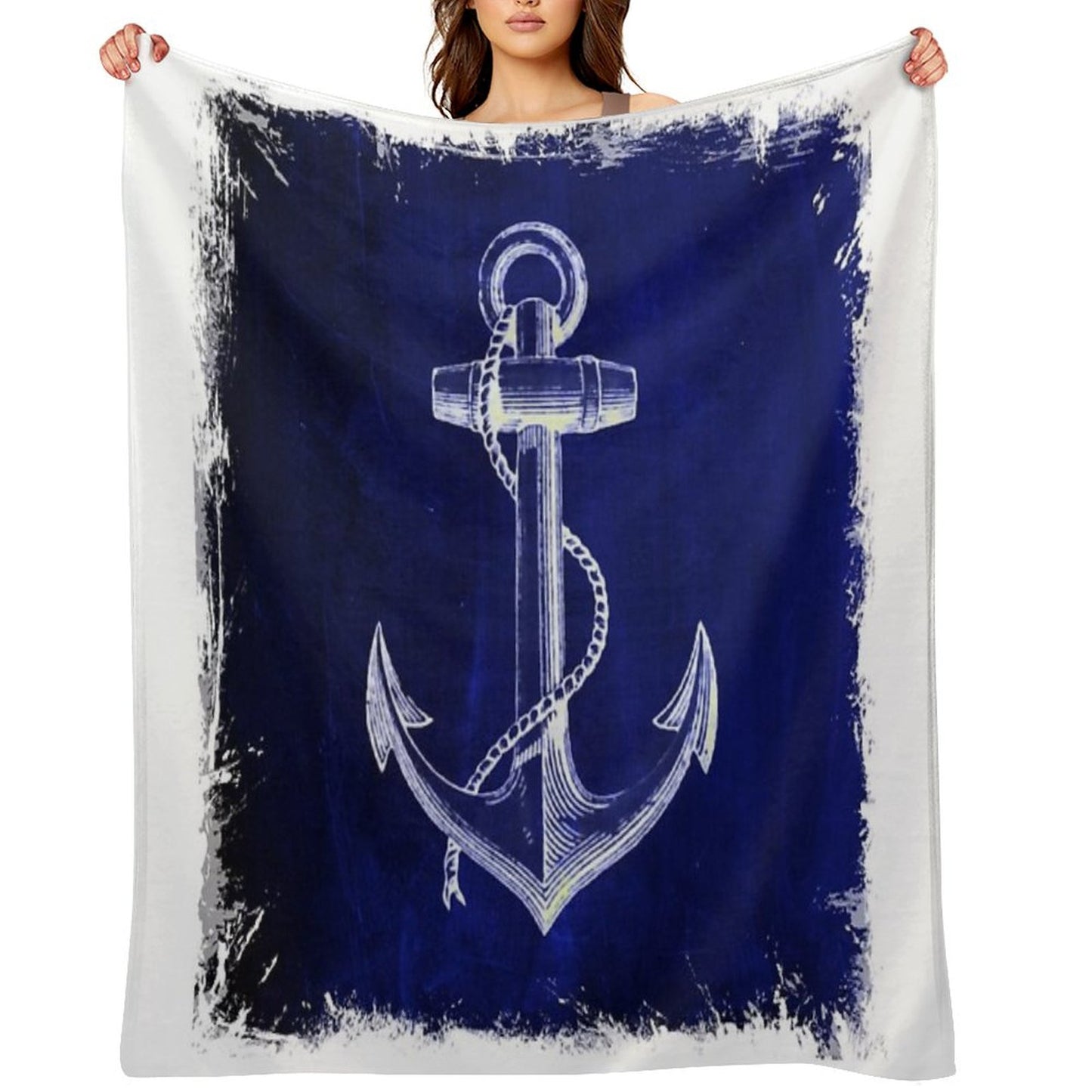 Preppy Rustic Beach Sailor Fashion Navy Blue Anchor Nautical Throw Blanket