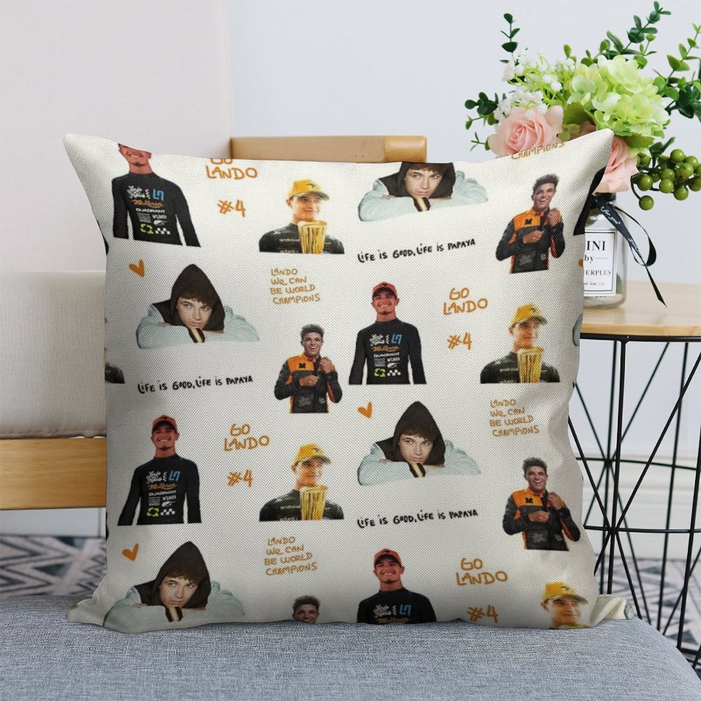 Lando Norris Illustrated Stickers Linen Throw Pillow Cover
