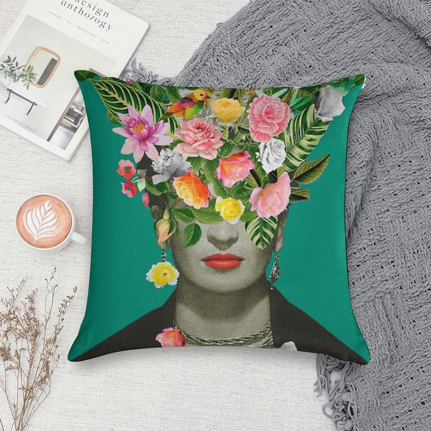 Frida Floral (Green) Soft Easy Maintenance Throw Pillow