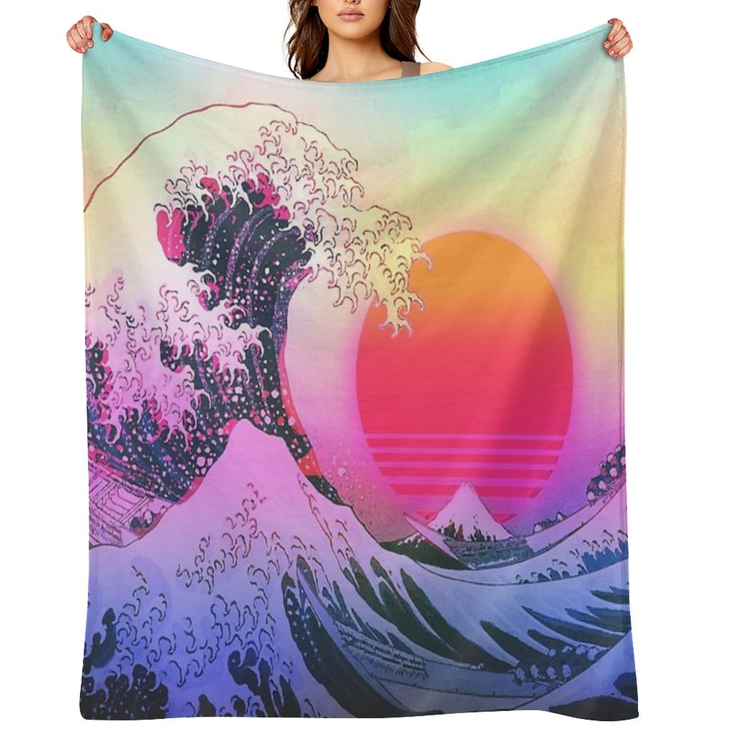Great Wave Off Kanagawa Vaporwave Retro Aesthetic Throw Blanket