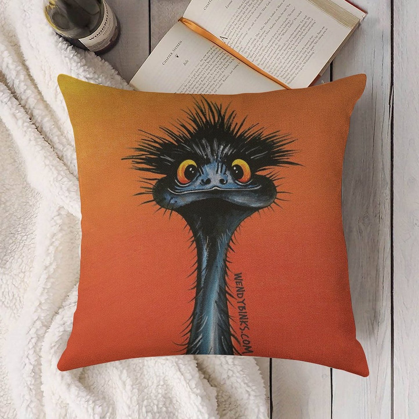 Stunned Emu with Sunset Linen Throw Pillow Cover