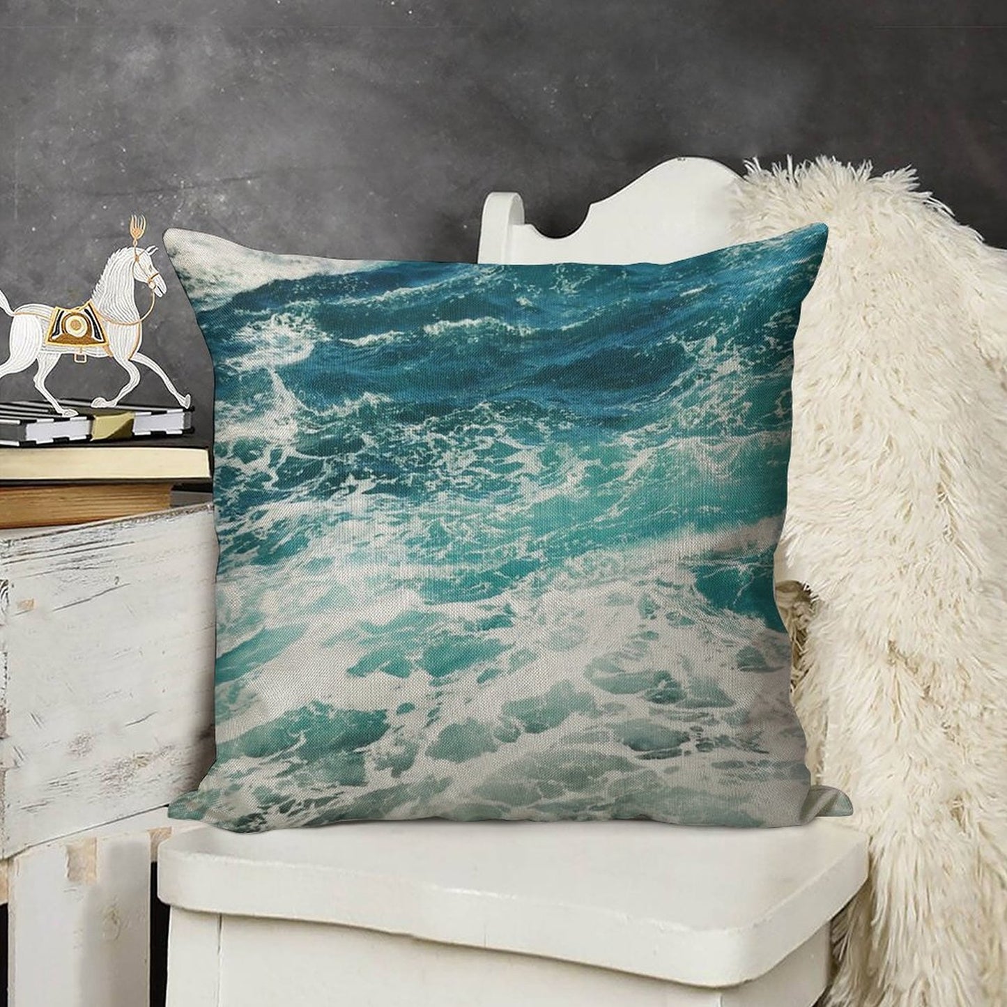 Blue Ocean Waves Linen Throw Pillow Cover
