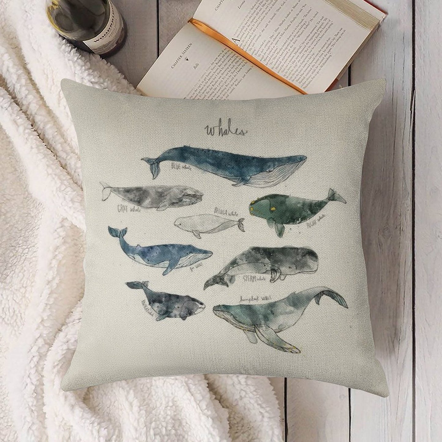 Whales Linen Throw Pillow Cover