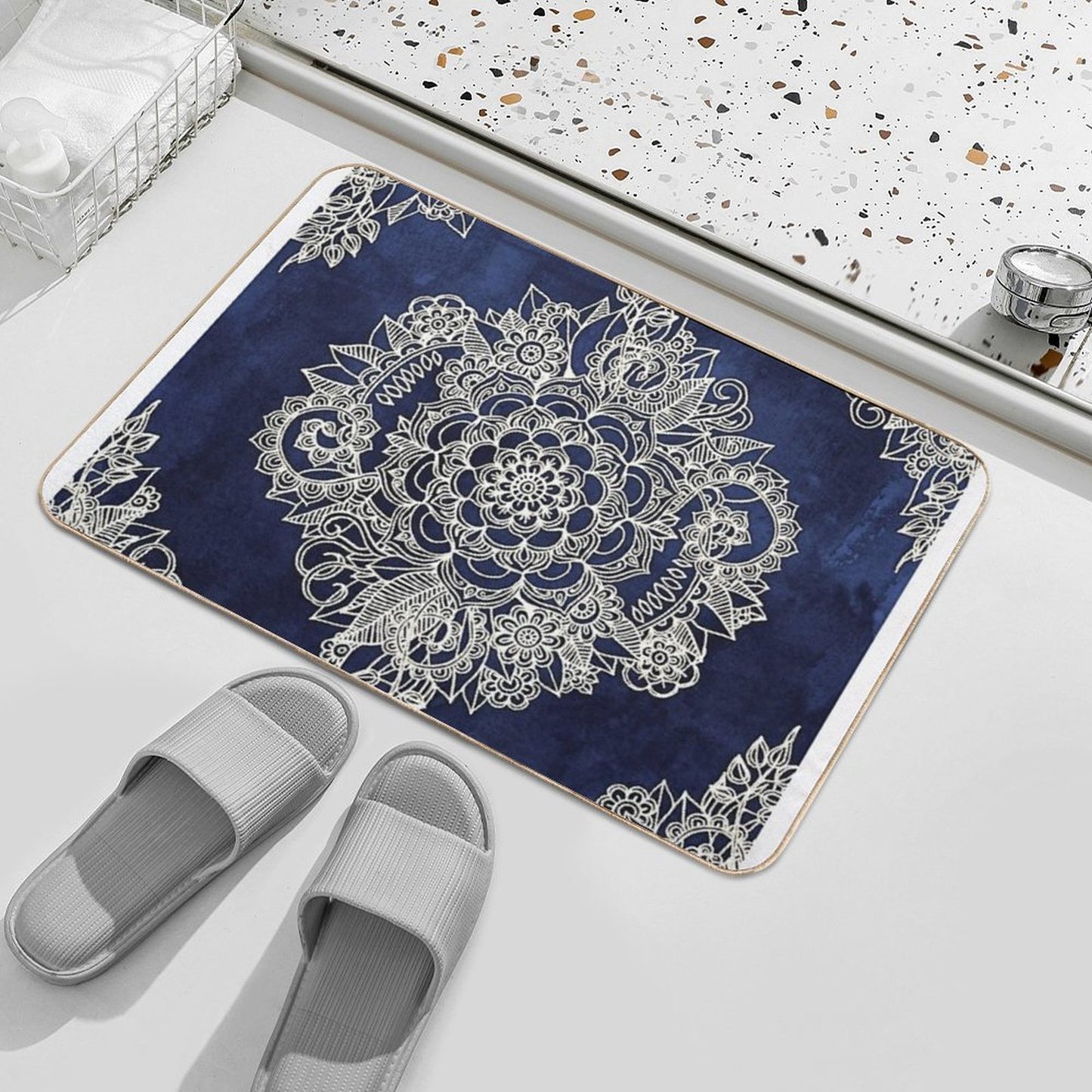 Cream Floral Moroccan Pattern on Deep Indigo Ink Bath Mat