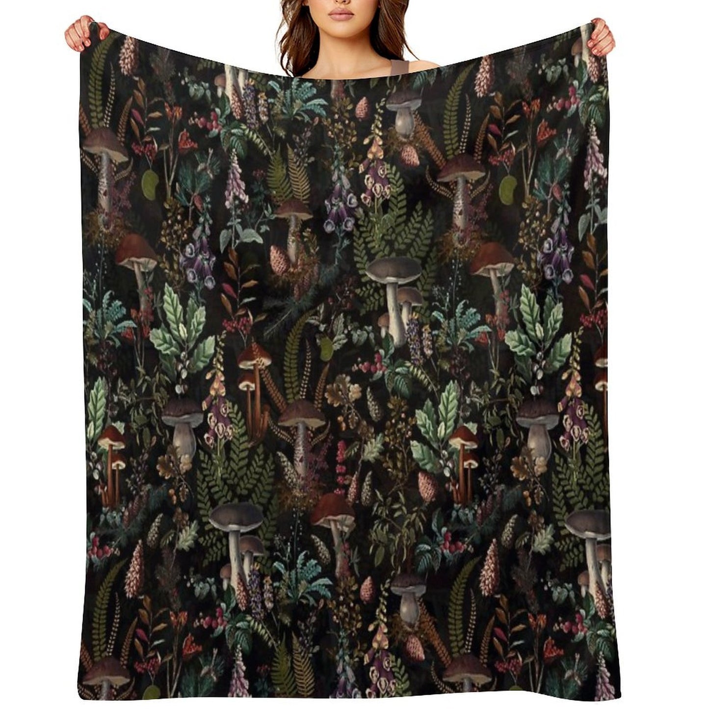 Vintage Mysterious Mushrooms Forest Botanical Botanical Night Garden Pattern NightGarden Throw Blanket