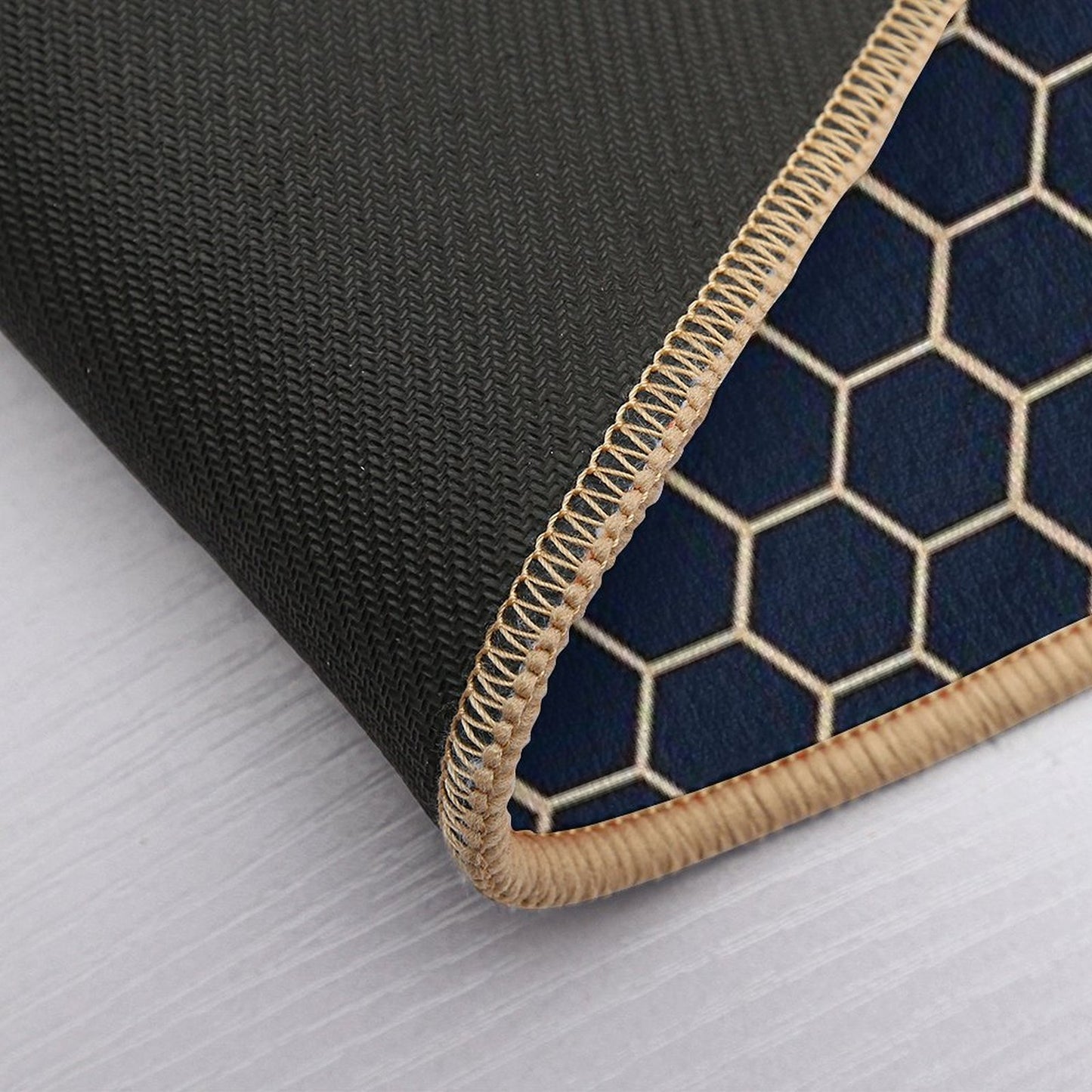 Geometric Light Yellow And Dark Blue Honeycomb Pattern Bath Mat