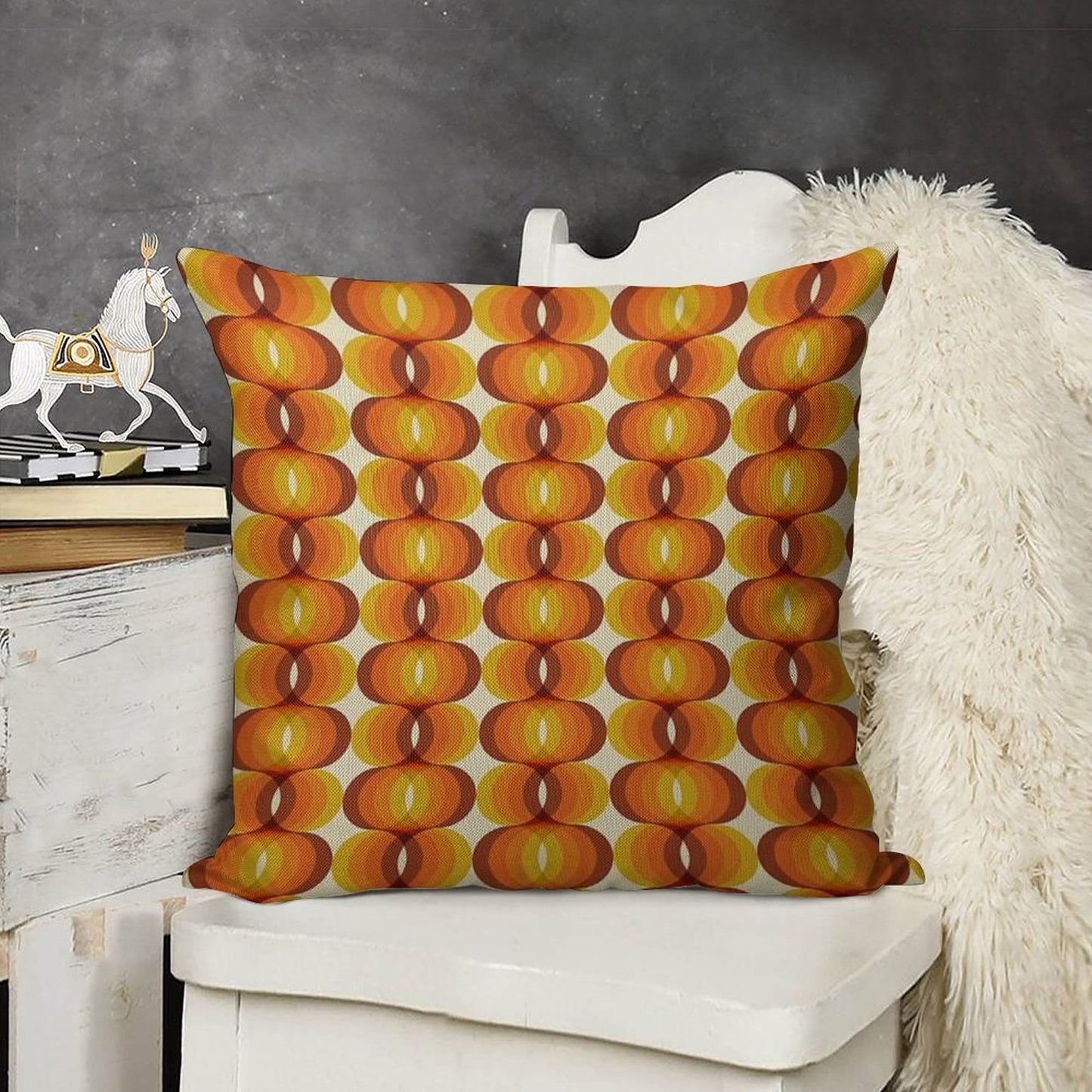Orange, Brown, And Ivory Retro 1960s Wavy Pattern Linen Throw Pillow Cover