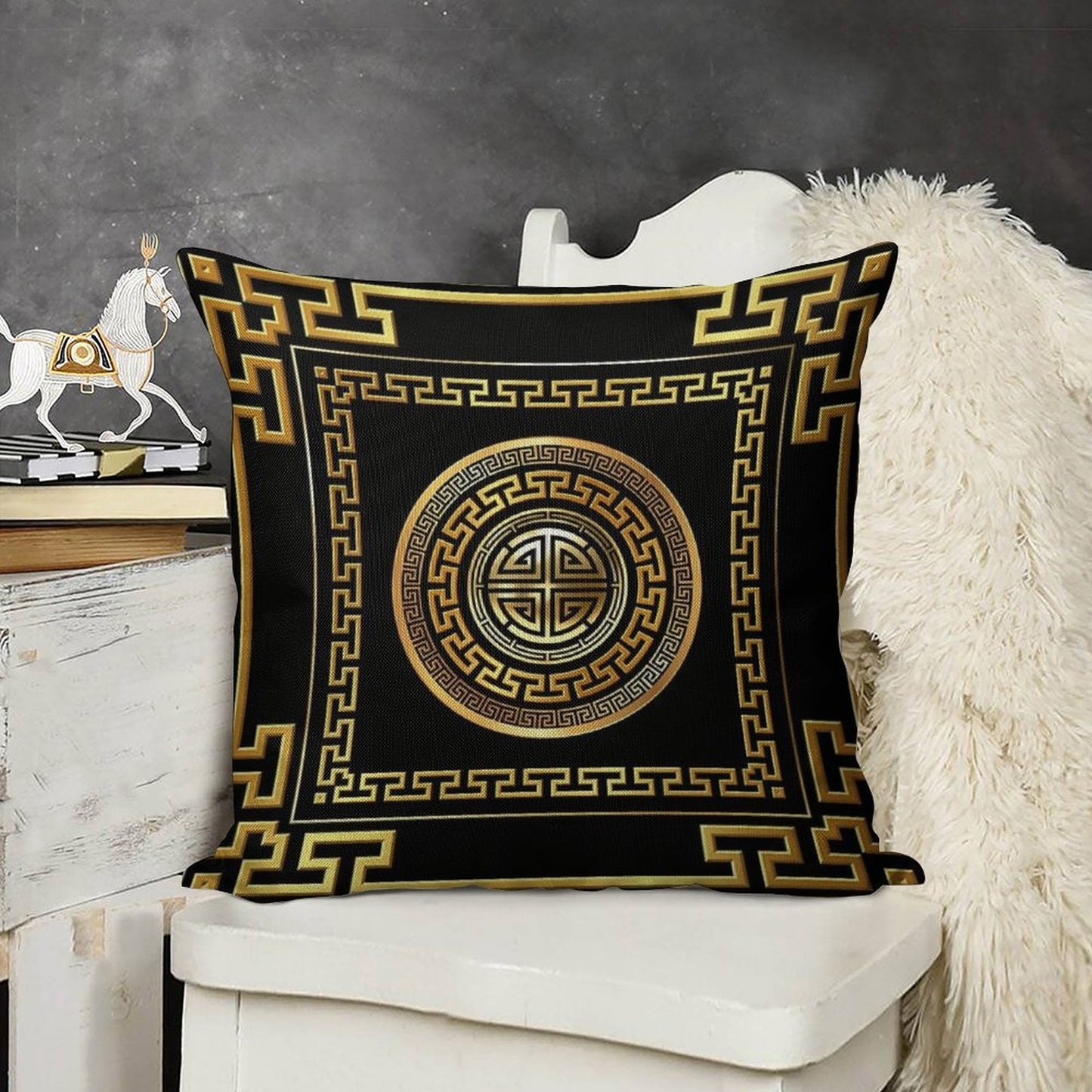 Greek Key Meander Black Gold Large Linen Throw Pillow Cover