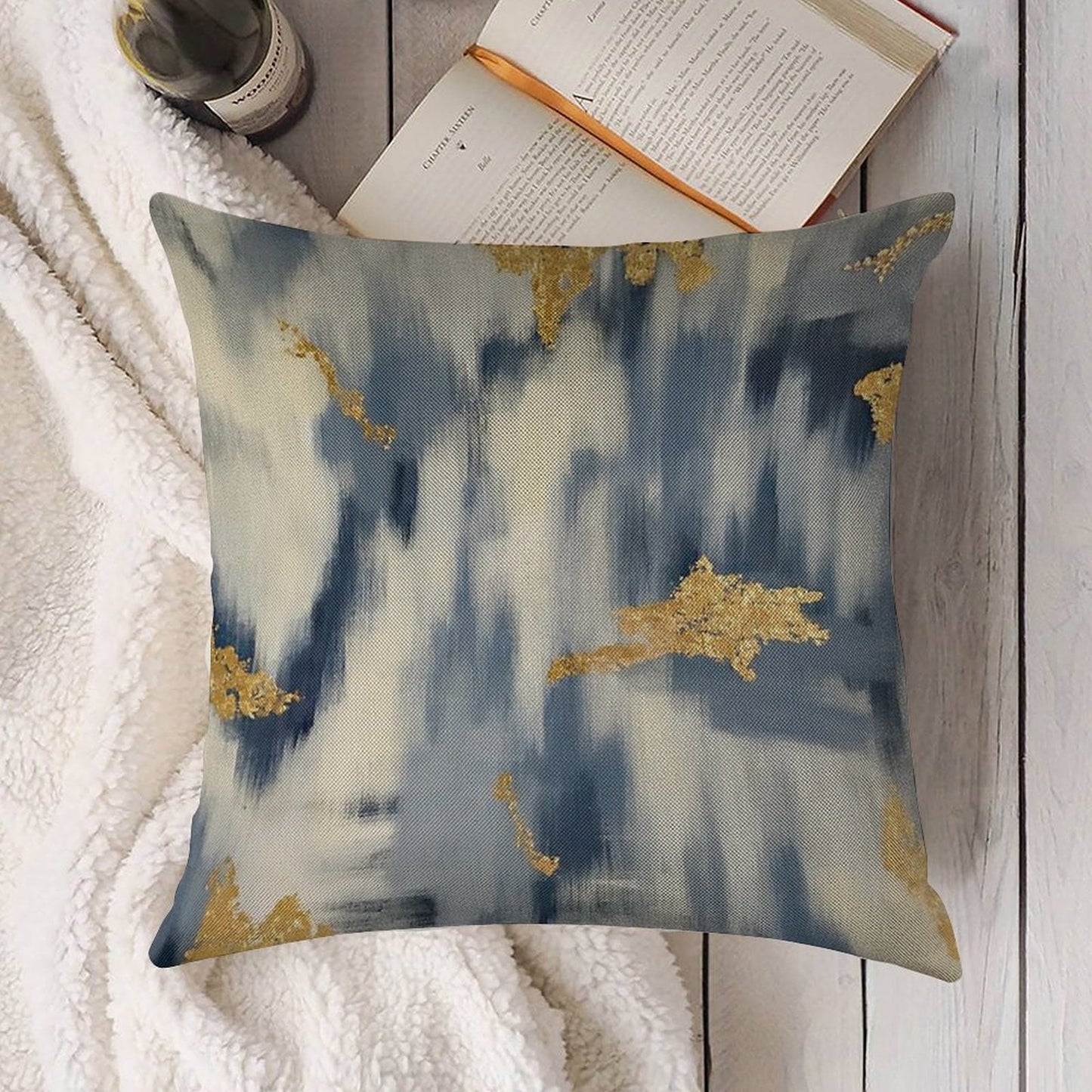 Blue And Gold Ikat Abstract Linen Throw Pillow Cover