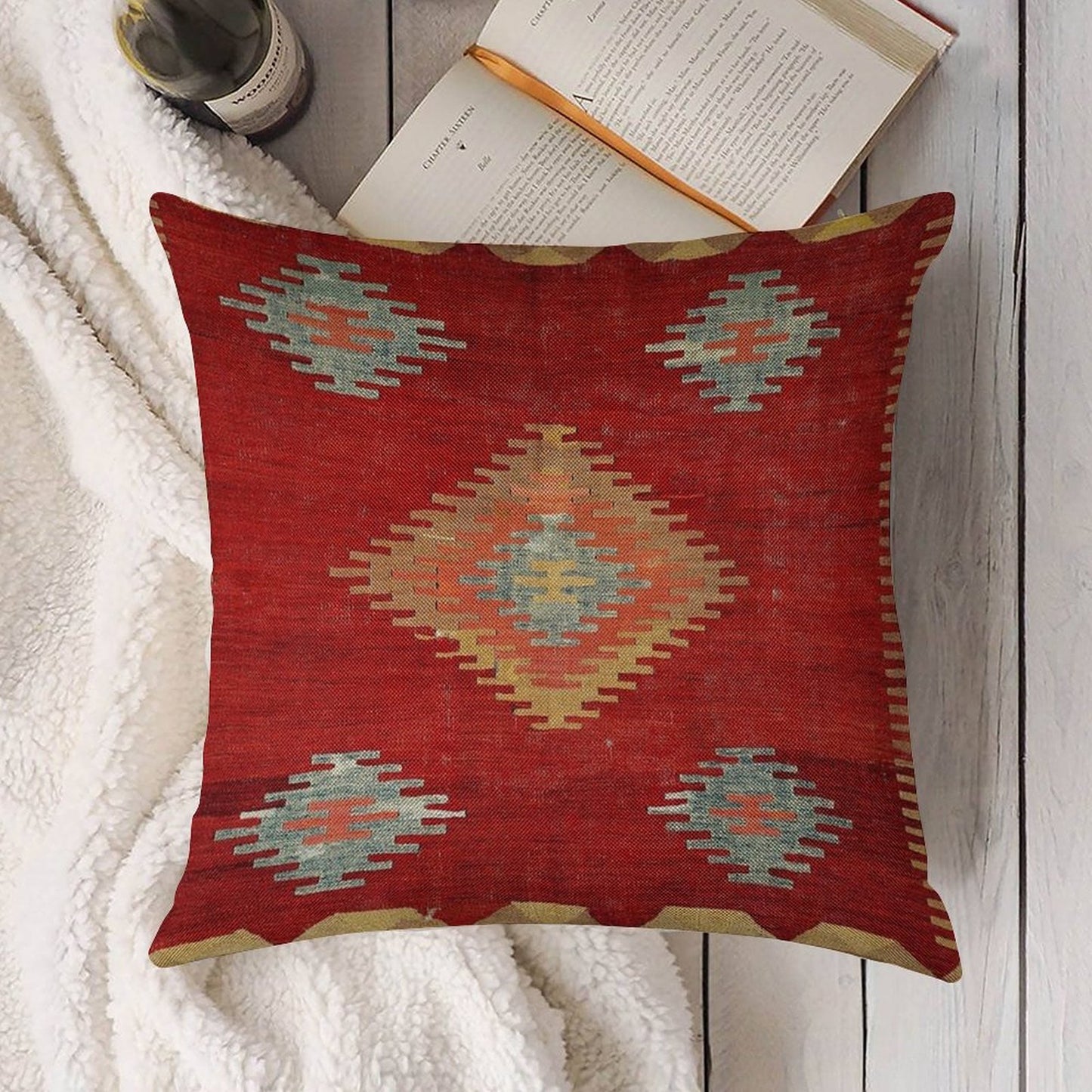 Çal Antique Turkish Kilim Print Linen Throw Pillow Cover