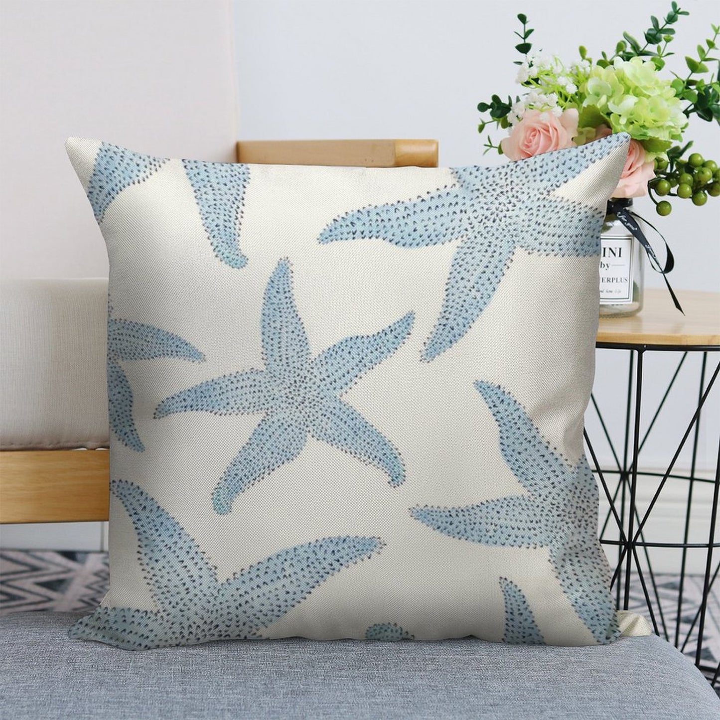 Dancing Blue Starfish Linen Throw Pillow Cover