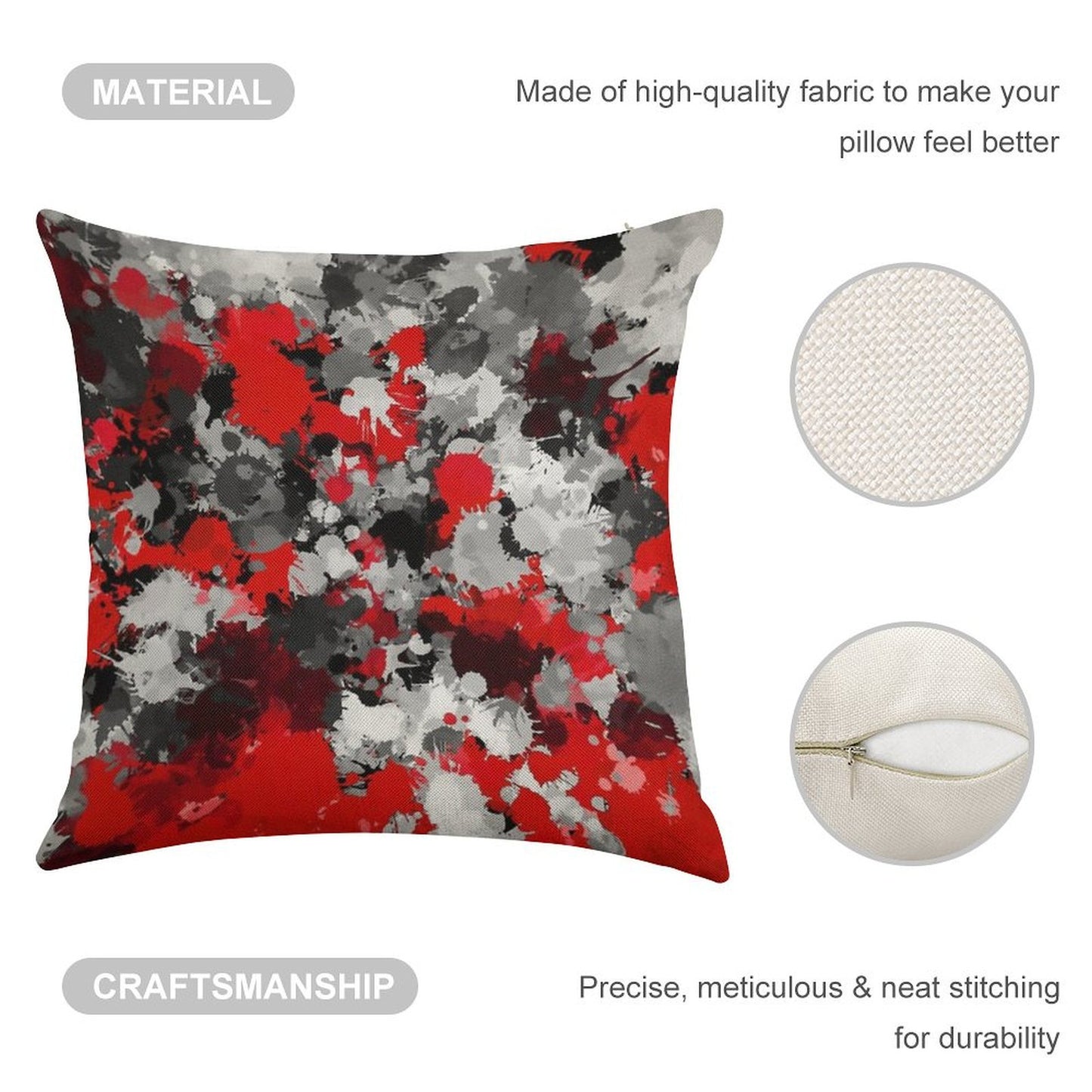 Red And Grey Paint Splatter Linen Throw Pillow Cover