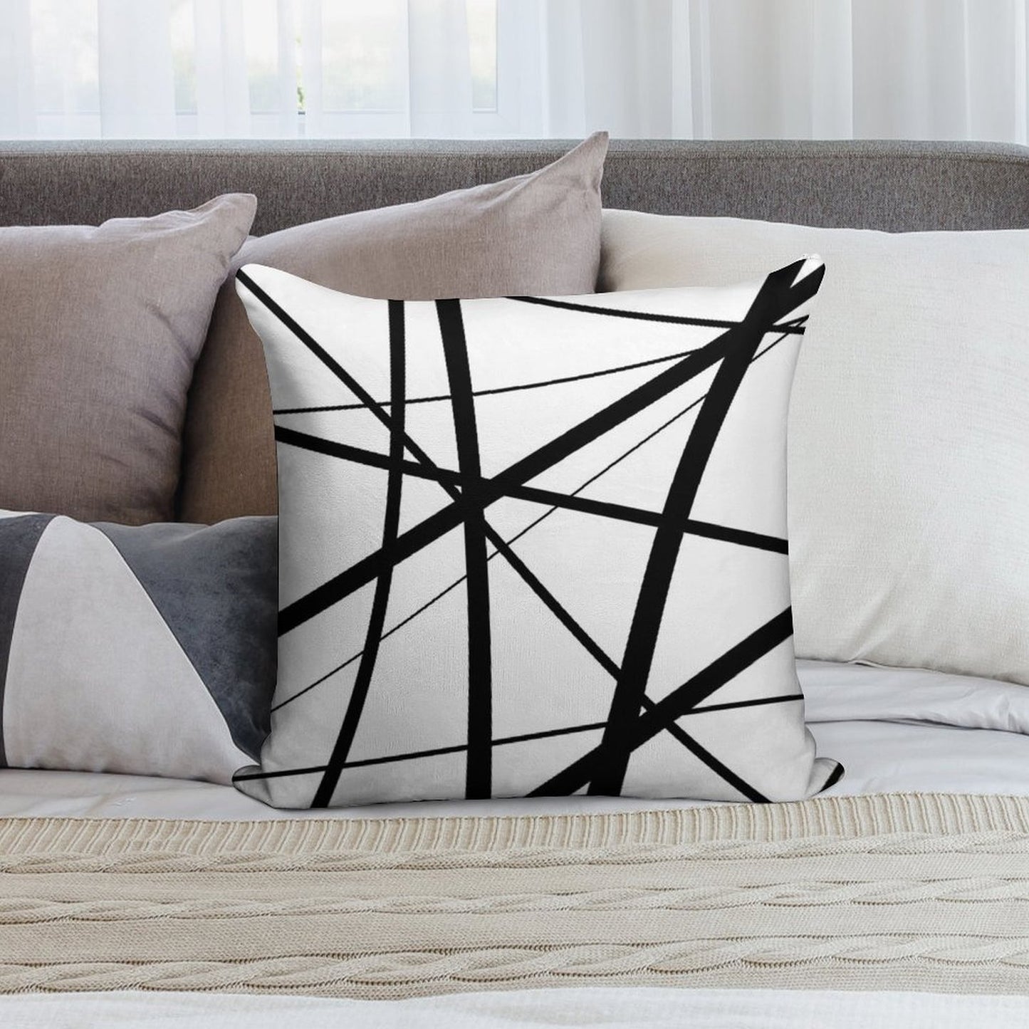 Black And White Geometric Lines Soft Shrink-Resistant Throw Pillow