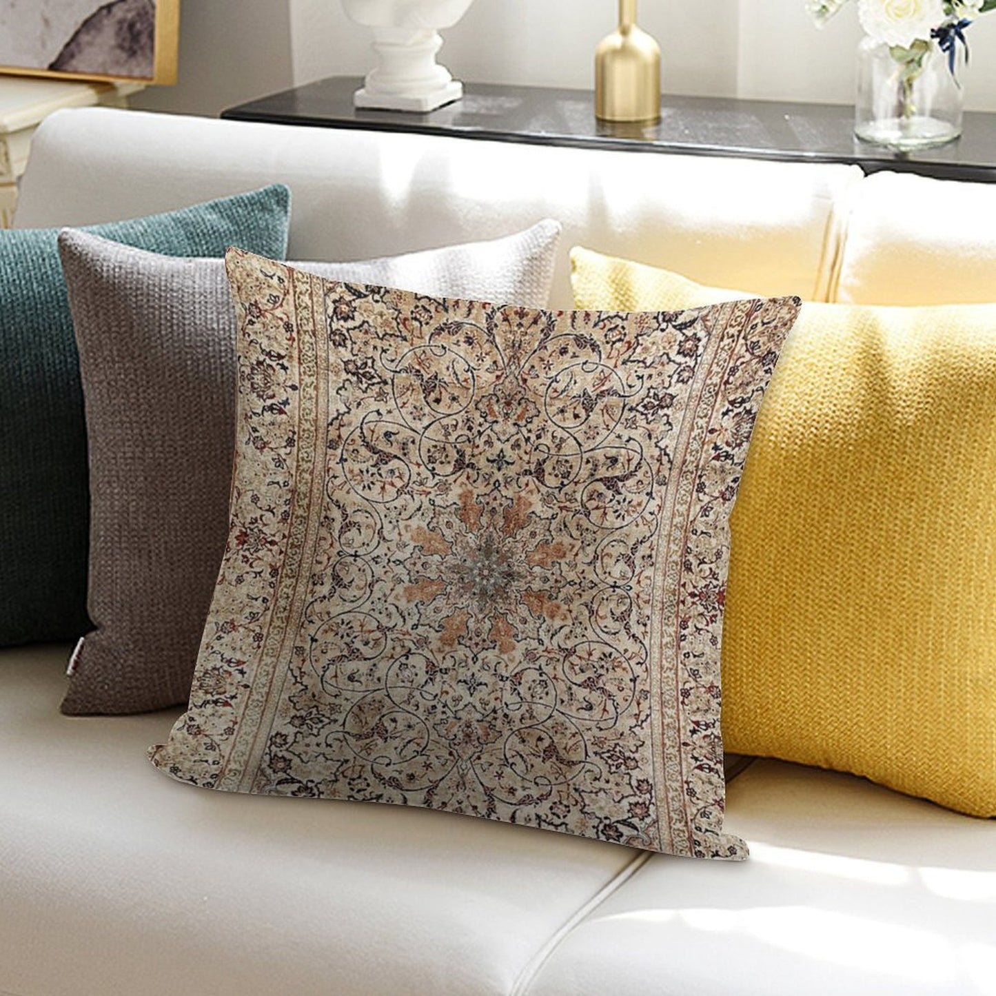 Silk Esfahan Persian Carpet Print Soft Style Accent Throw Pillow