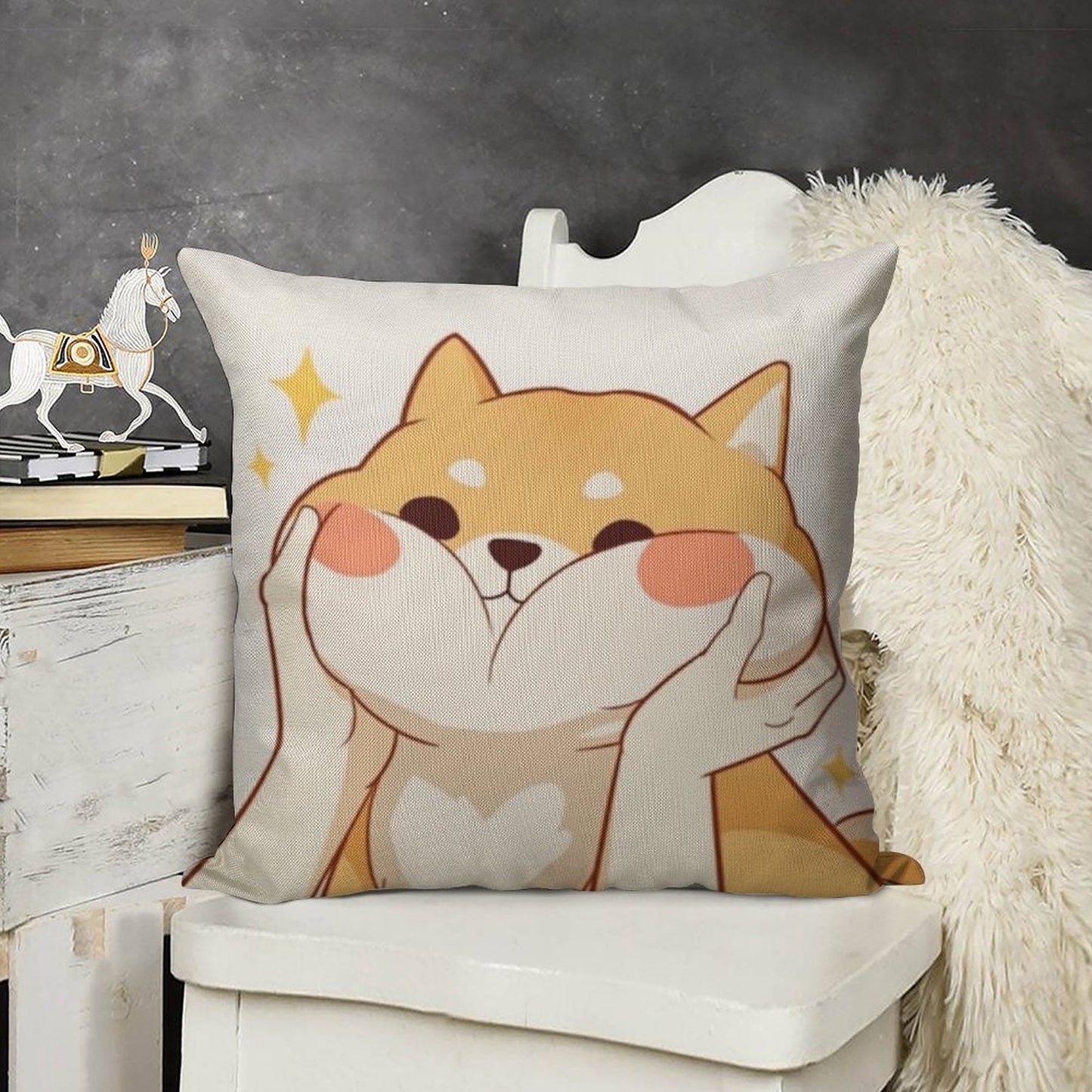 Kawaii Shiba Inu Linen Throw Pillow Cover