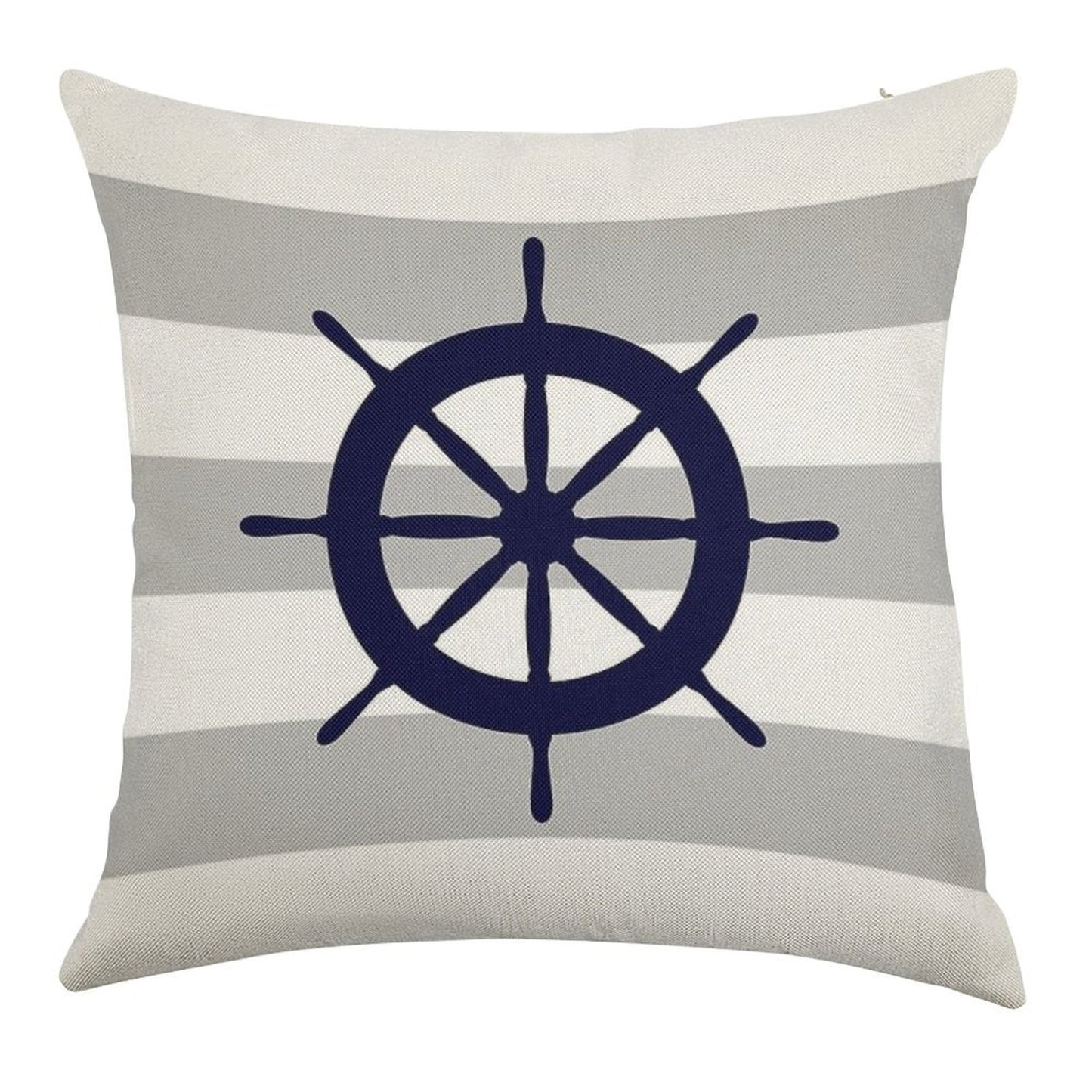 Nautical Navy Blue Ship's Steering Wheel On Silver Gray Stripes Linen Throw Pillow Cover