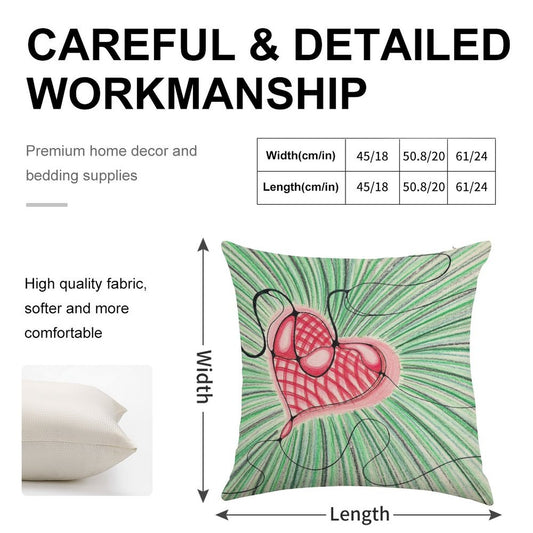 Heart Design with Green Background Linen Throw Pillow Cover