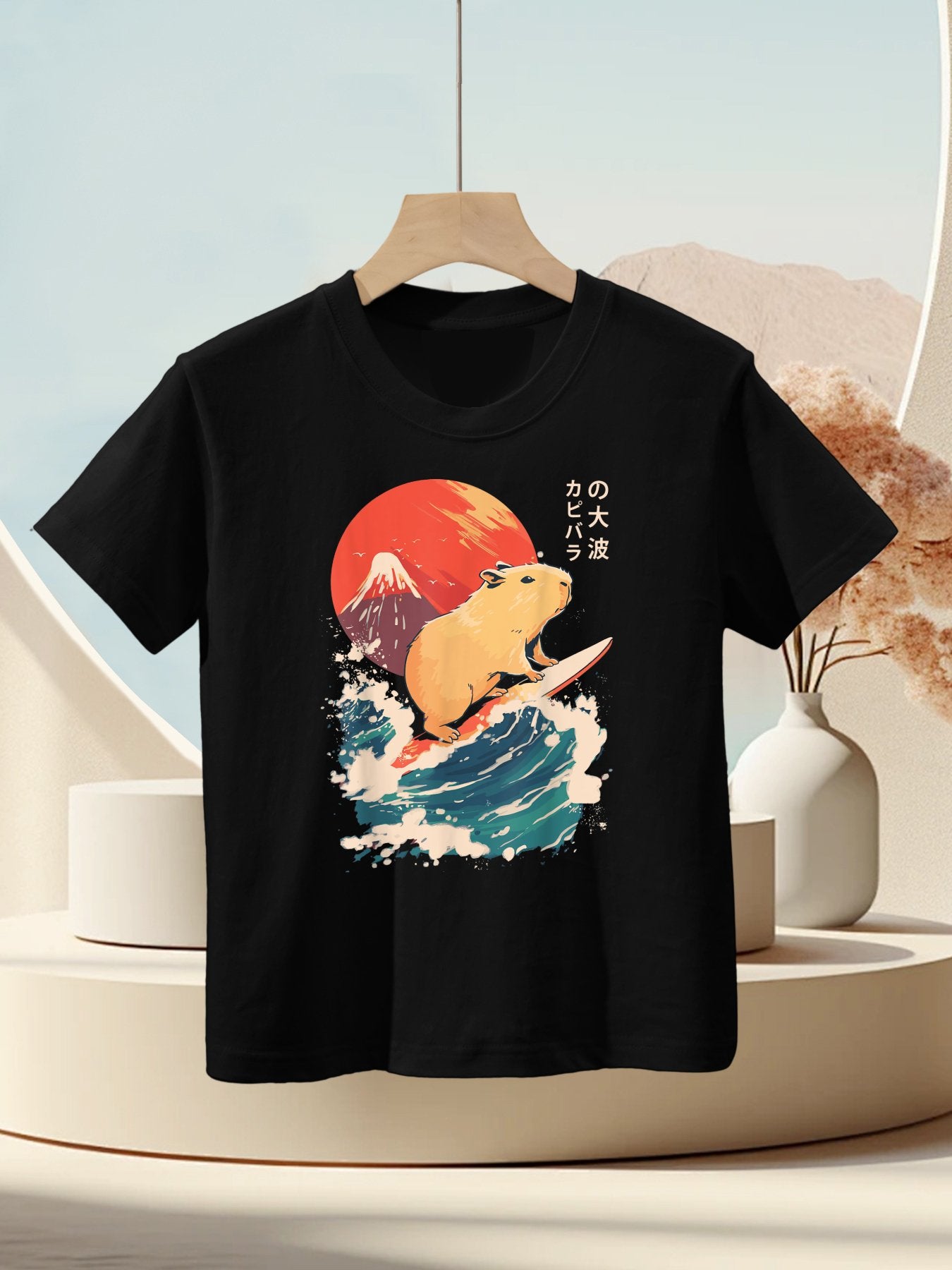 Japanese Capybara Surfing Wave Great Wave Japan Kids T-Shirt
