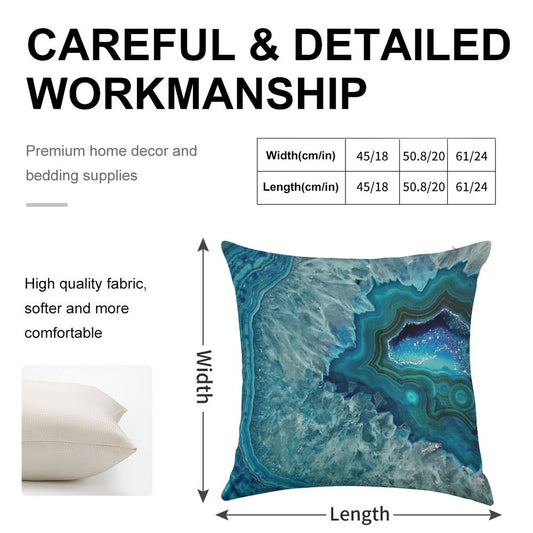 Teal Aqua Turquoise Blue Rock Agate Mineral Crystals Pattern Linen Throw Pillow Cover