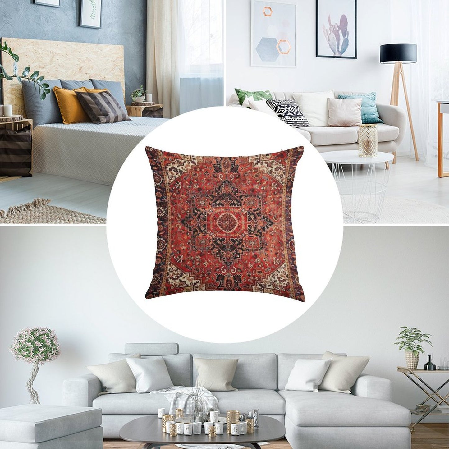 Heriz Antique Vintage Boho Persian Carpet Print Linen Throw Pillow Cover