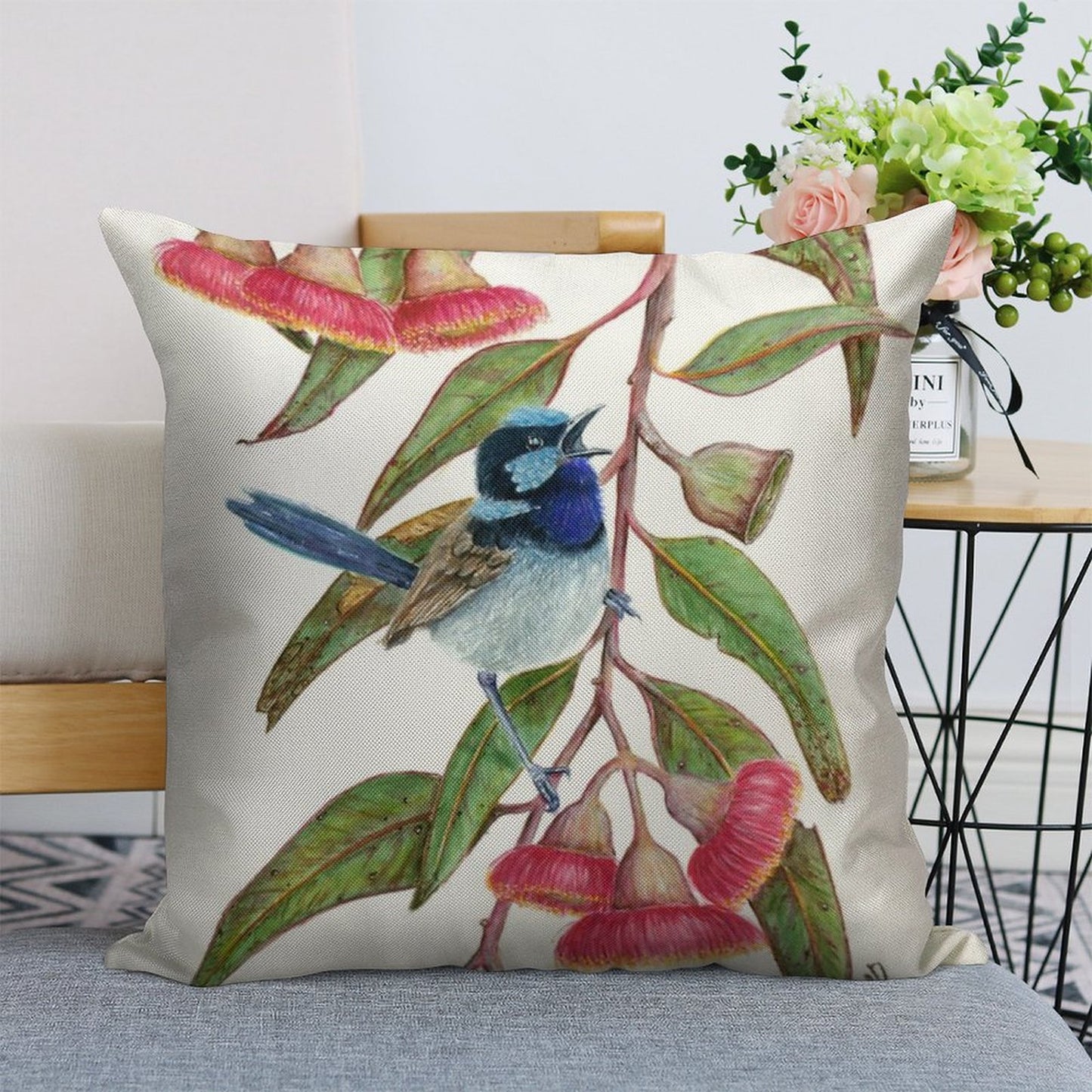 Splendid Fairywren in Silver Princess Linen Throw Pillow Cover