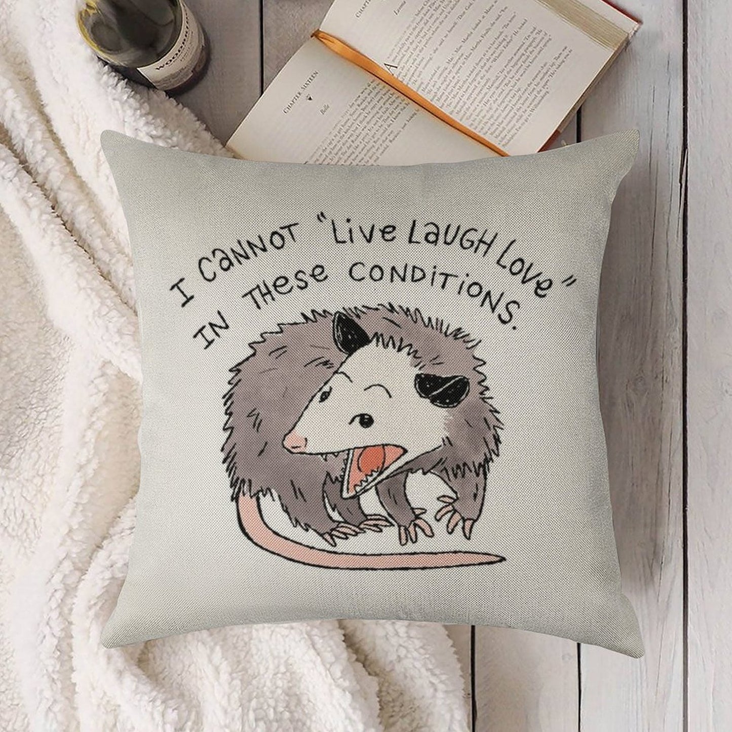 Opossum Live Laugh Love Linen Throw Pillow Cover