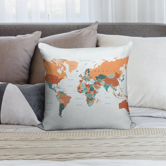 Map of The World in Burnt Orange And Teal Soft Luxury Feel Throw Pillow