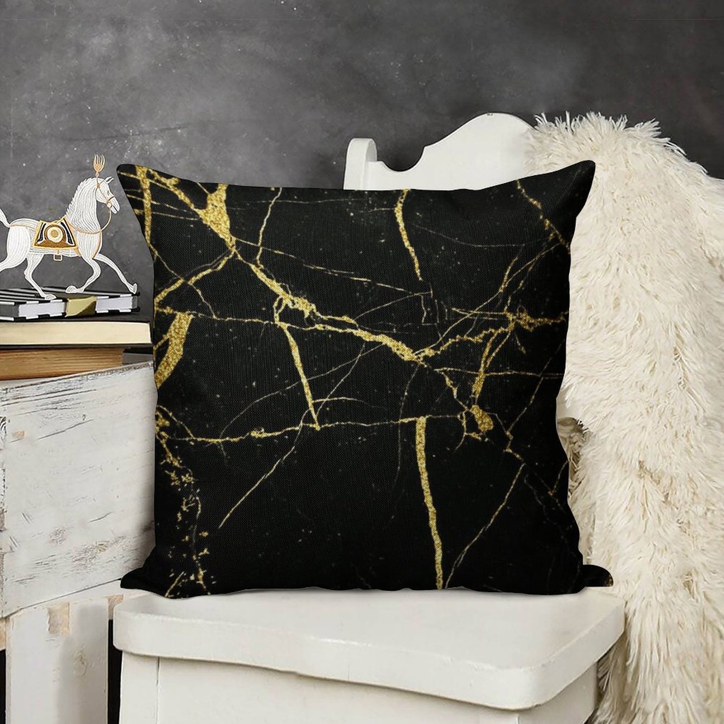 Luxe Black And Gold Marble Linen Throw Pillow Cover