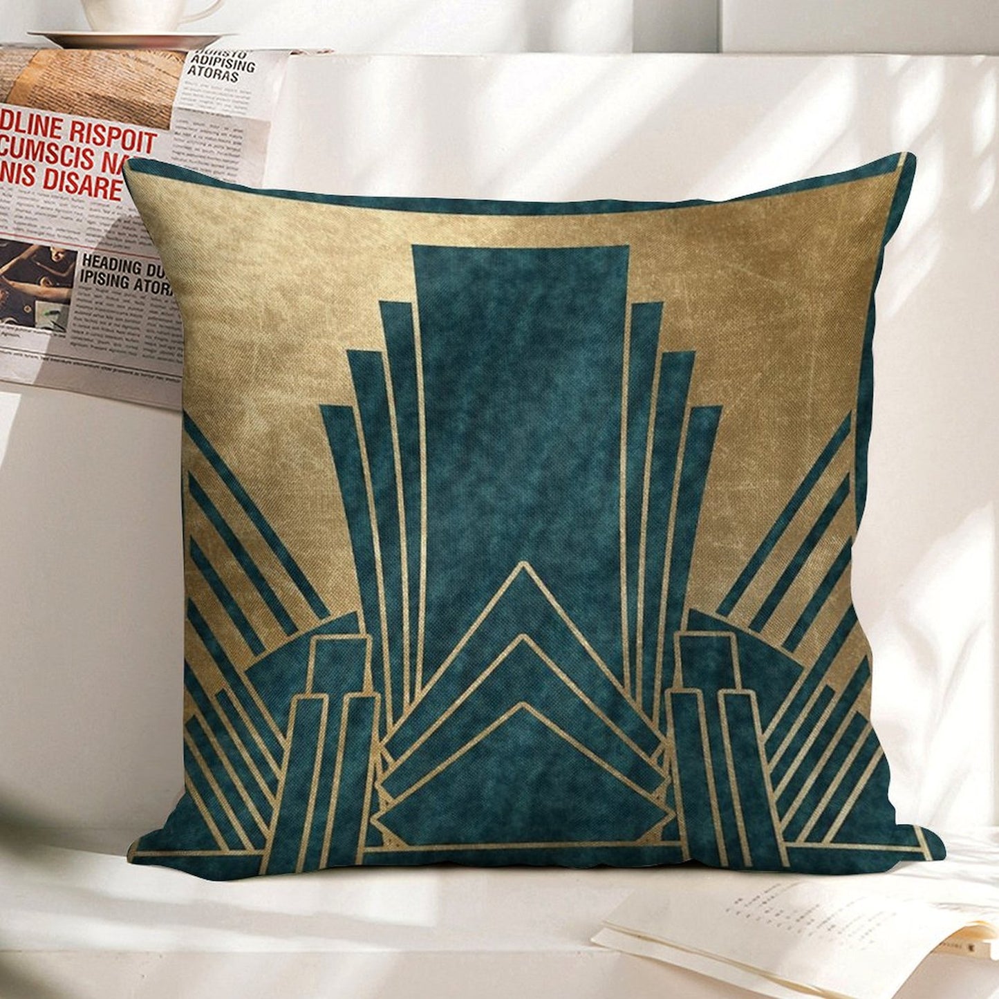 Art Deco Glamour - Teal And Gold Linen Throw Pillow Cover