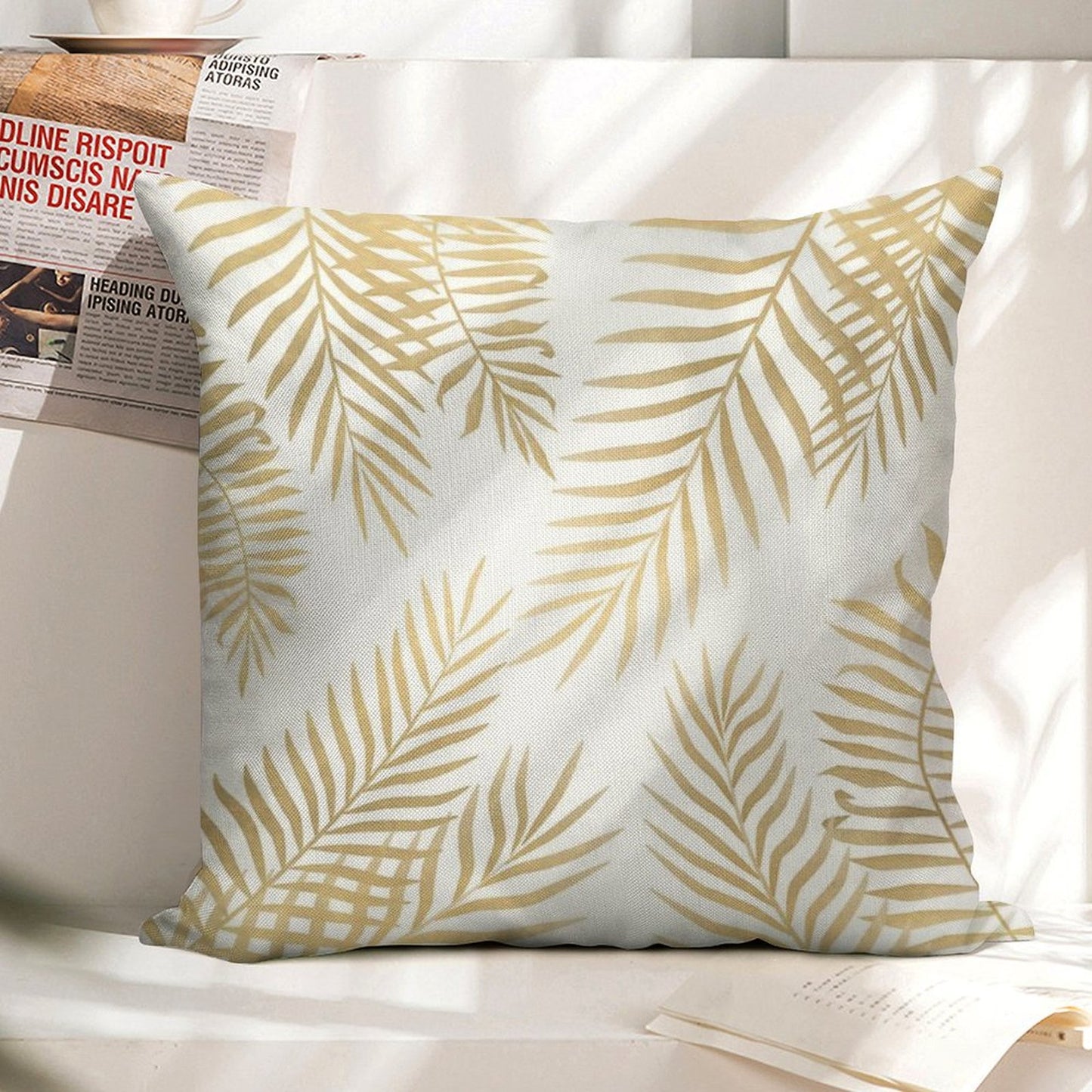 Gold Palm Leaves Linen Throw Pillow Cover