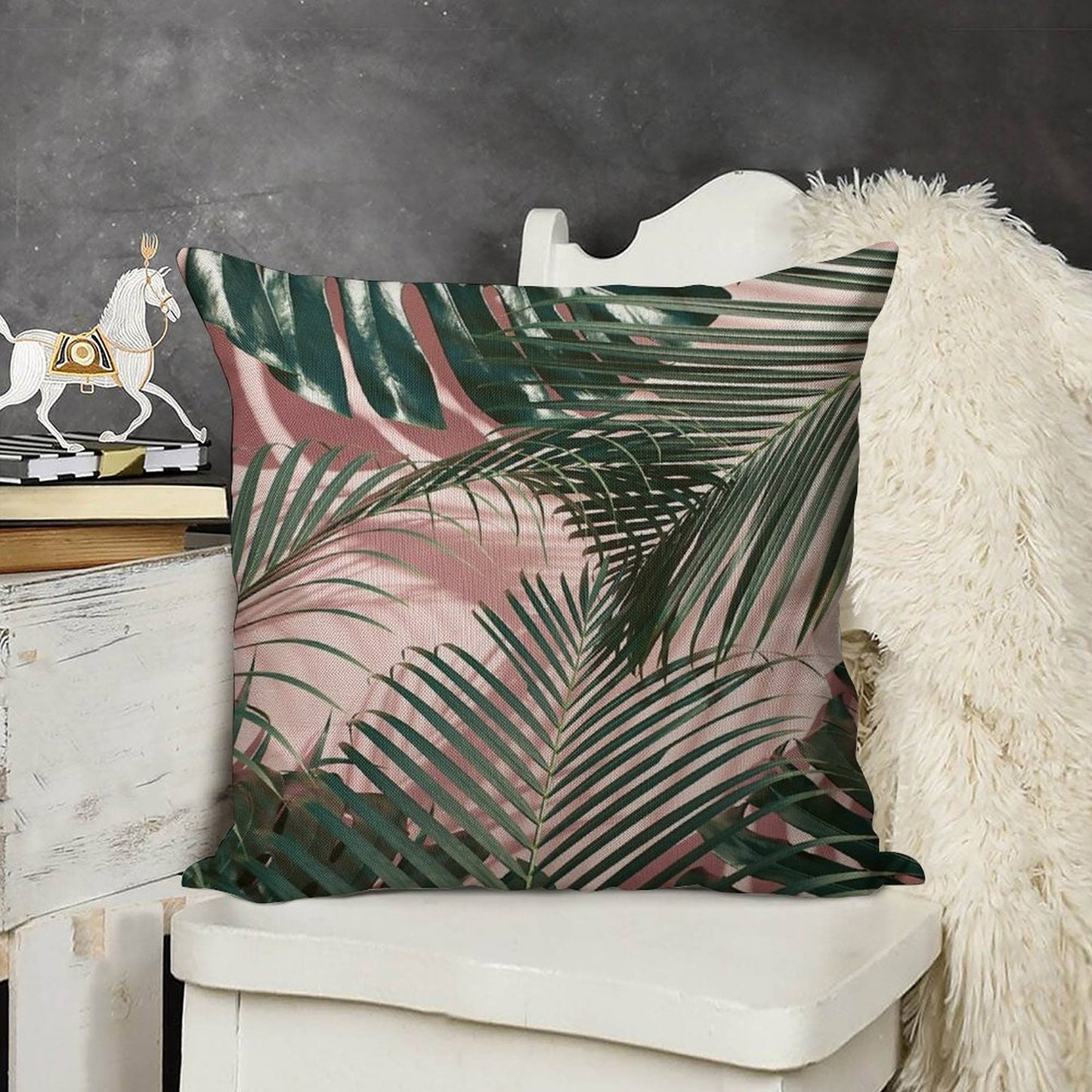 Pink Tropical Leaves Linen Throw Pillow Cover