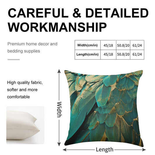 Feather Glitter Teal And Gold Linen Throw Pillow Cover