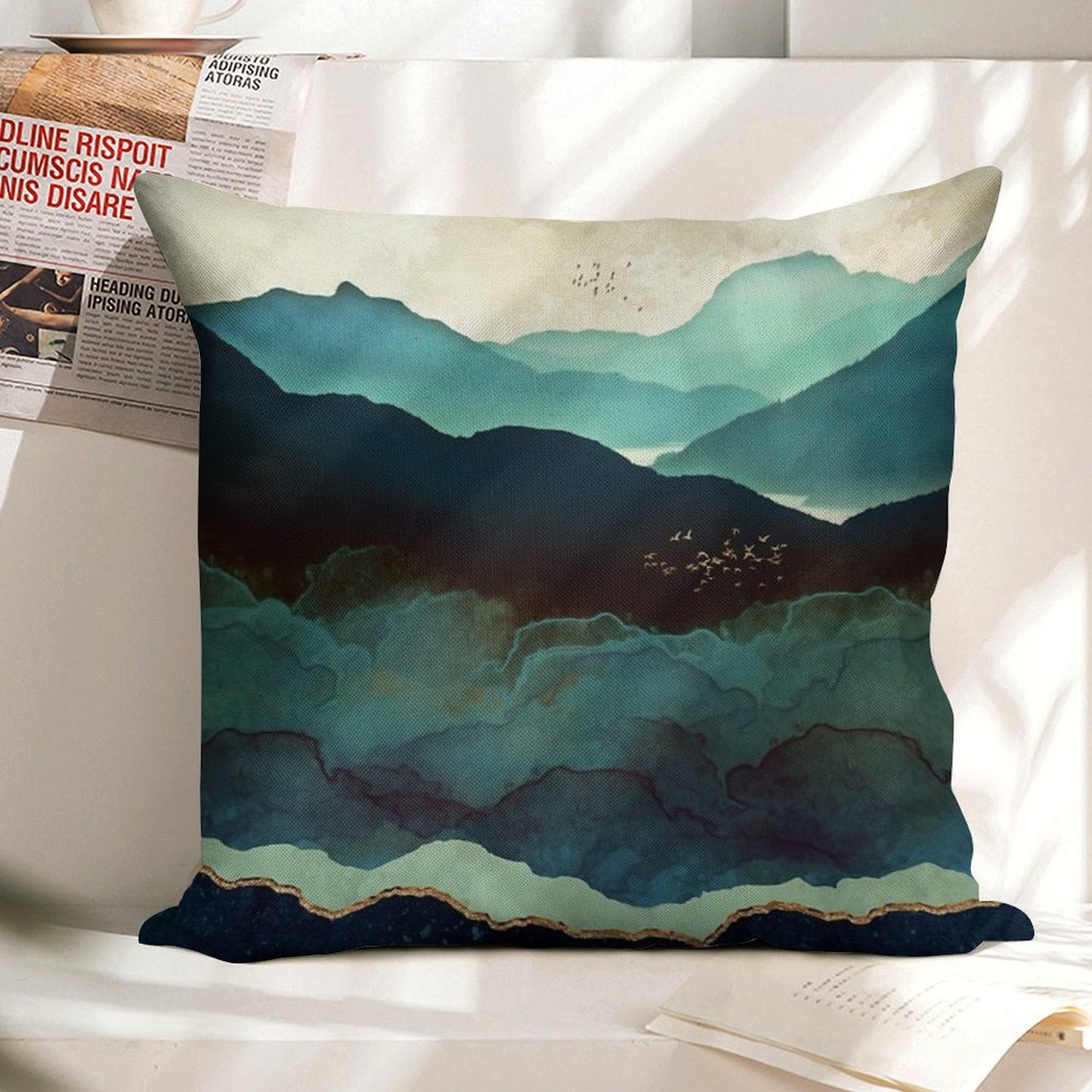 Indigo Mountains Linen Throw Pillow Cover