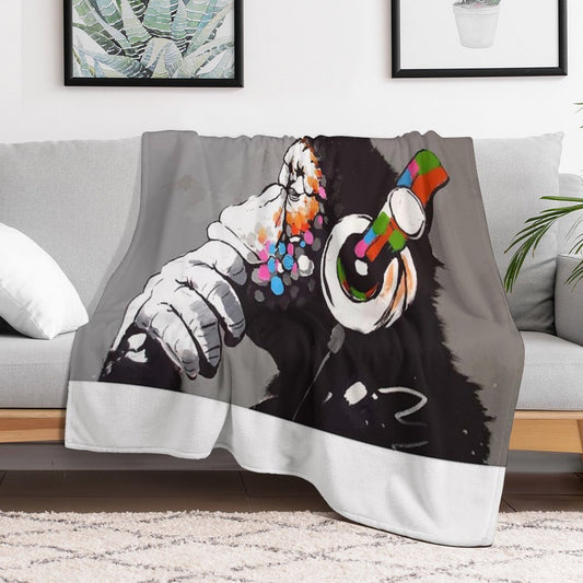 Banksy DJ Monkey Thinker with Headphones Throw Blanket