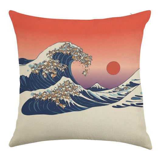 The Great Wave of Shiba Inu Linen Throw Pillow Cover