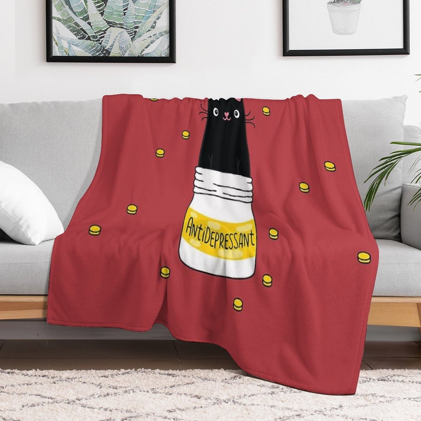 FUR ANTIDEPRESSANT . Cute Black Cat Illustration. A Gift for A Pet Lover. Throw Blanket